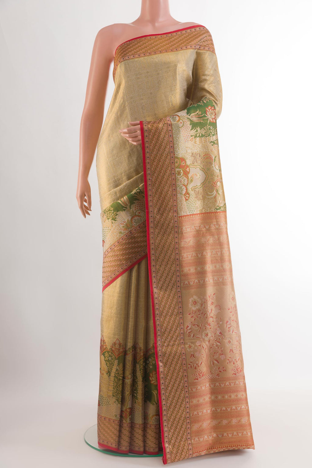 Golden Dual Tone Kanchipuram Tissue Silk Saree with Zari Brocade on the body and Zari Border.  displayed on a mannequin