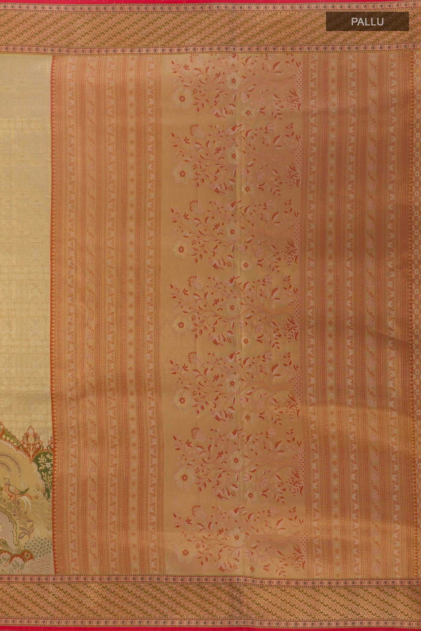 Close up image of the pallu of Golden Dual Tone Kanchipuram Tissue Silk Saree with Zari Brocade on the body and Zari Border. 