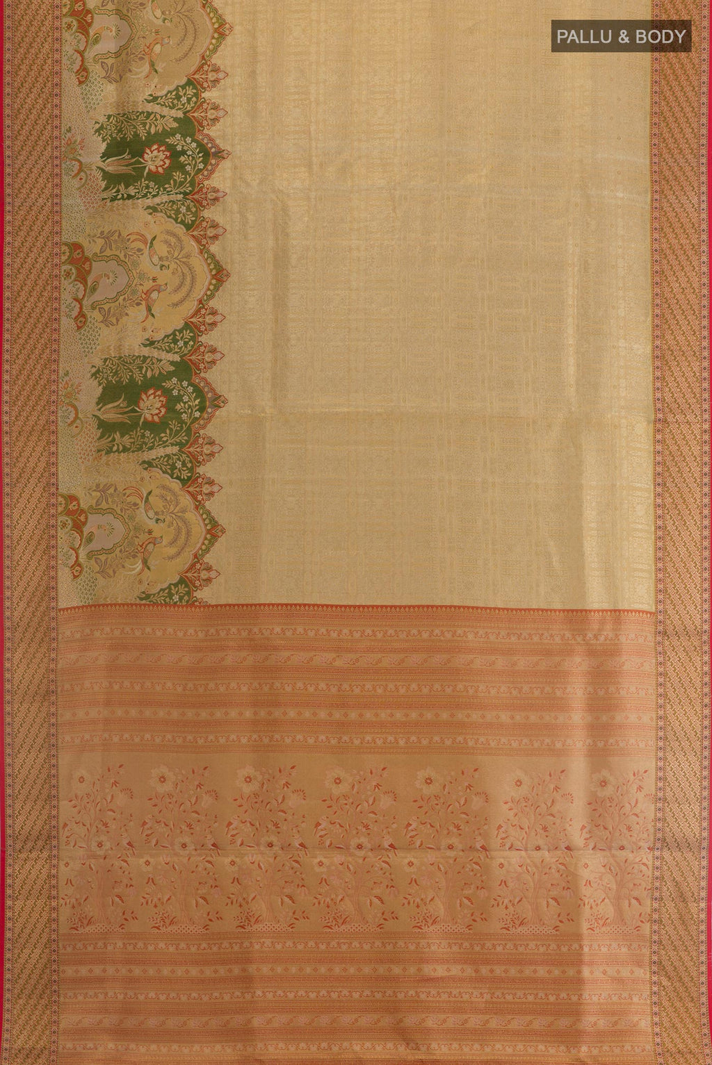 Flat view of Golden Dual Tone Kanchipuram Tissue Silk Saree with Zari Brocade on the body and Zari Border. 