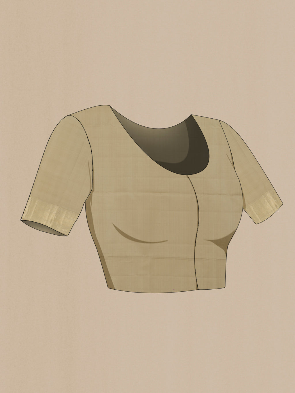 Close up image of the blouse of Beige Kanchipuram Silk Saree with Zari Brocade on the body and Zari Border. 
