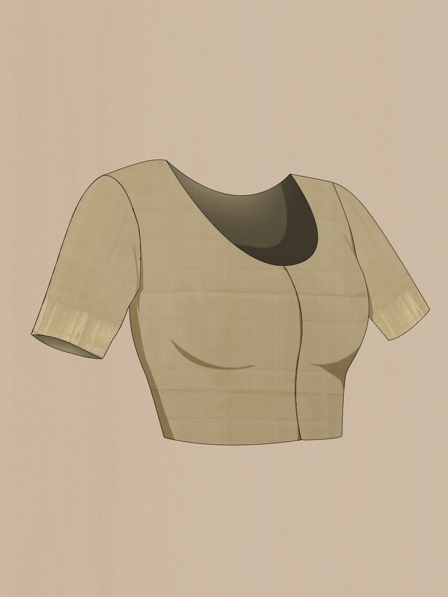 Close up image of the blouse of Beige Kanchipuram Silk Saree with Zari Brocade on the body and Zari Border. 