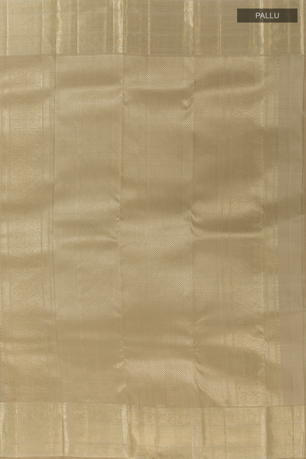 Close up image of the pallu of Beige Kanchipuram Silk Saree with Zari Brocade on the body and Zari Border. 
