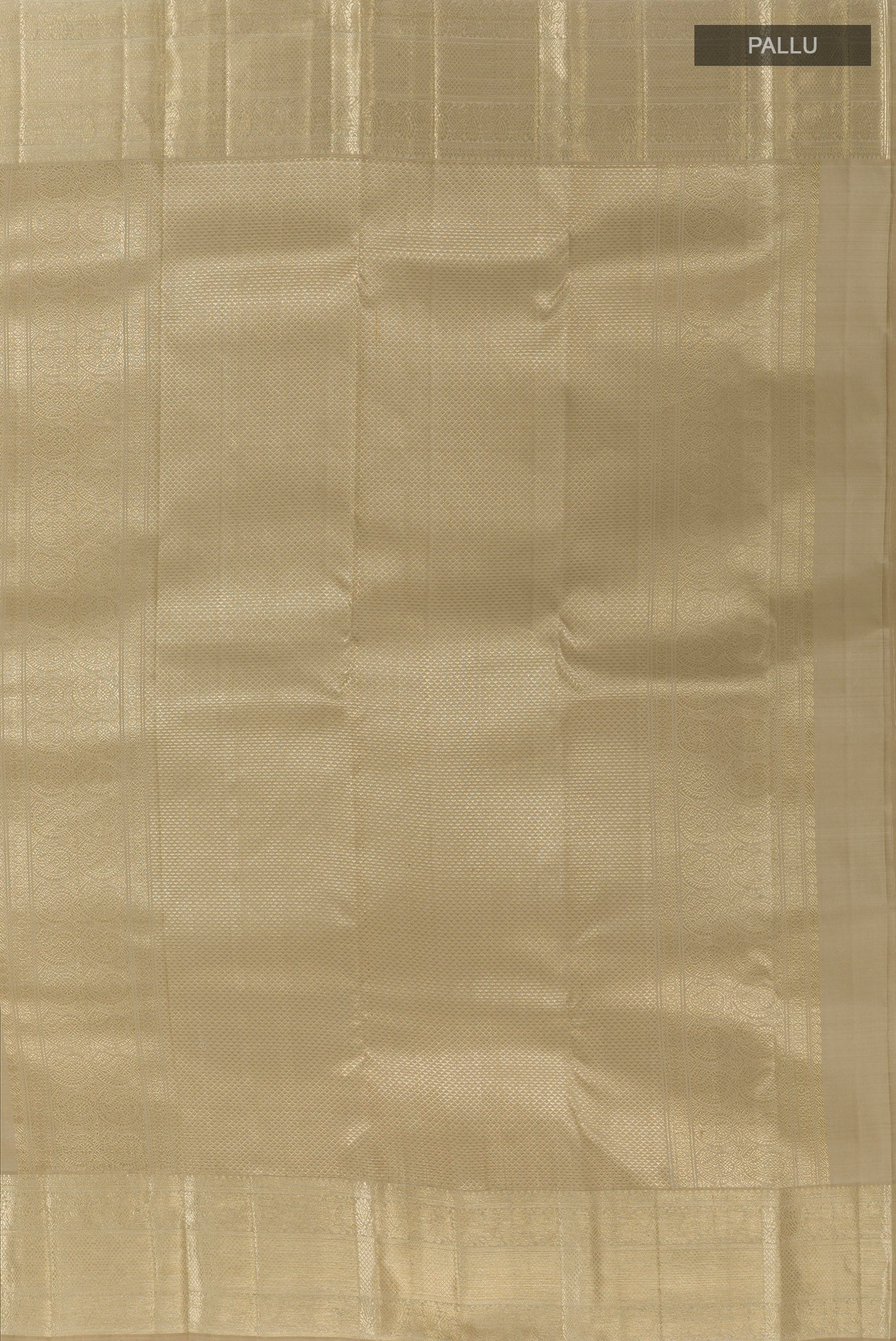 Close up image of the pallu of Beige Kanchipuram Silk Saree with Zari Brocade on the body and Zari Border. 