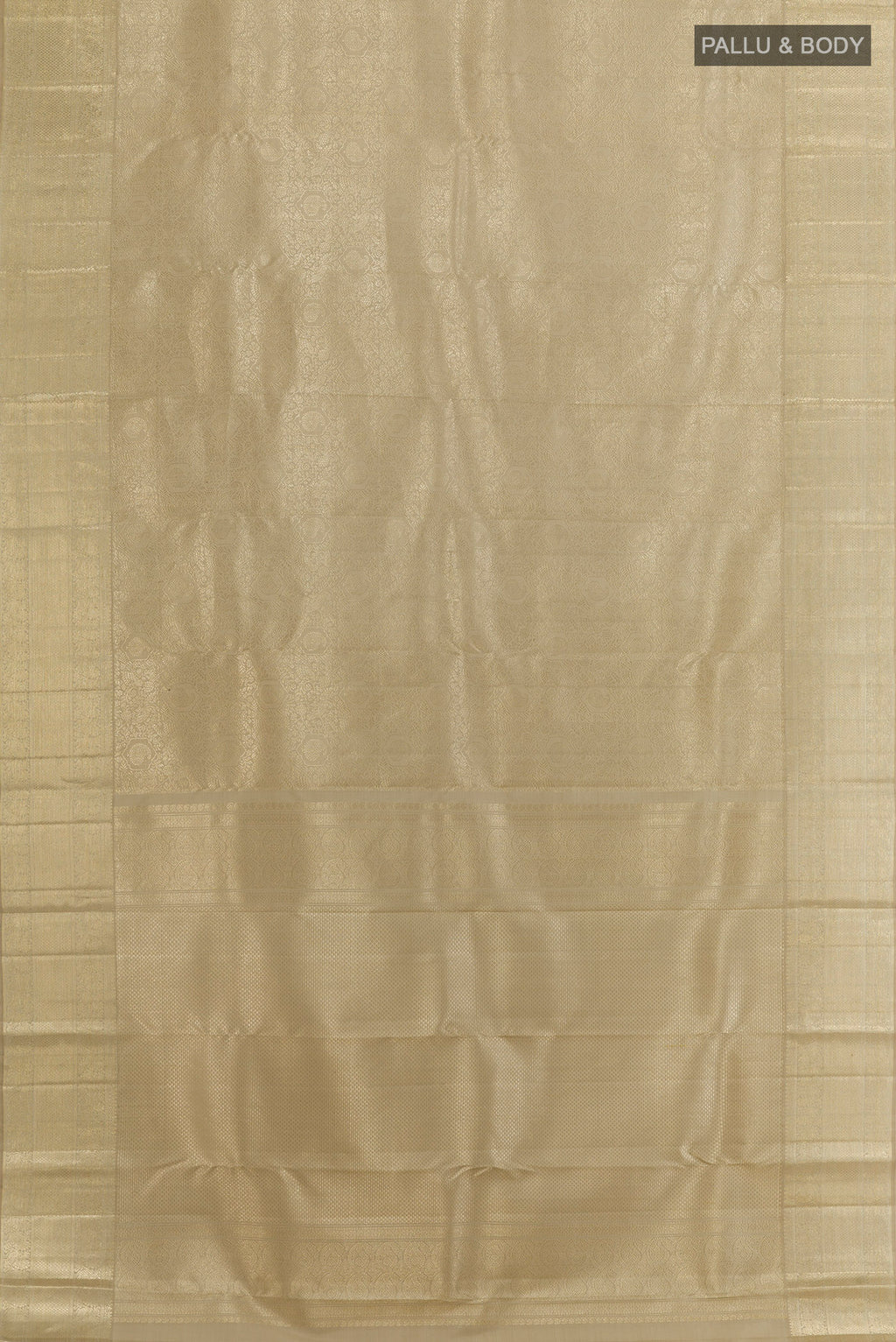 Flat view of Beige Kanchipuram Silk Saree with Zari Brocade on the body and Zari Border. 