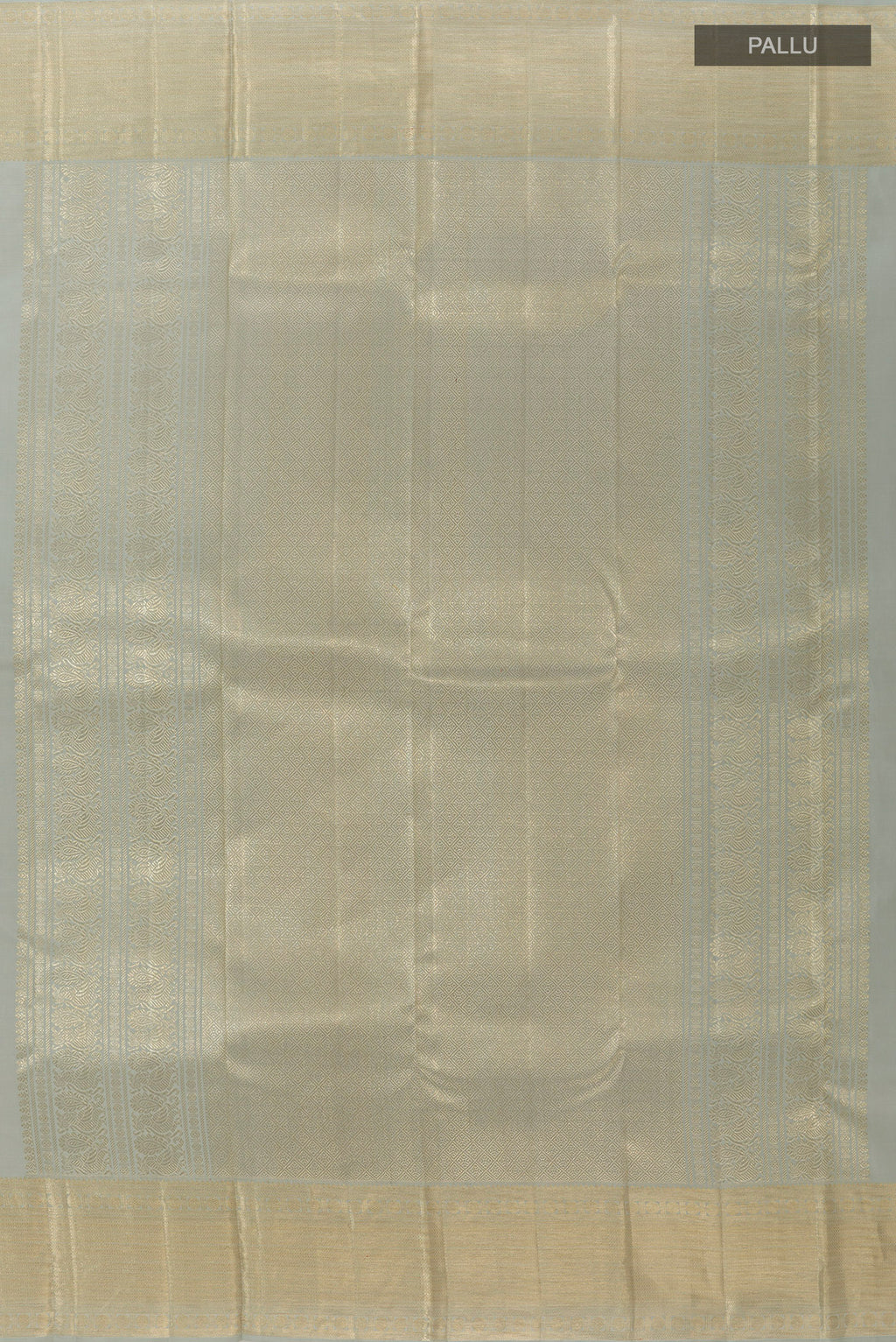 Close up image of the pallu of Grey Kanchipuram Silk Saree with Zari Brocade on the body and Zari Border. 