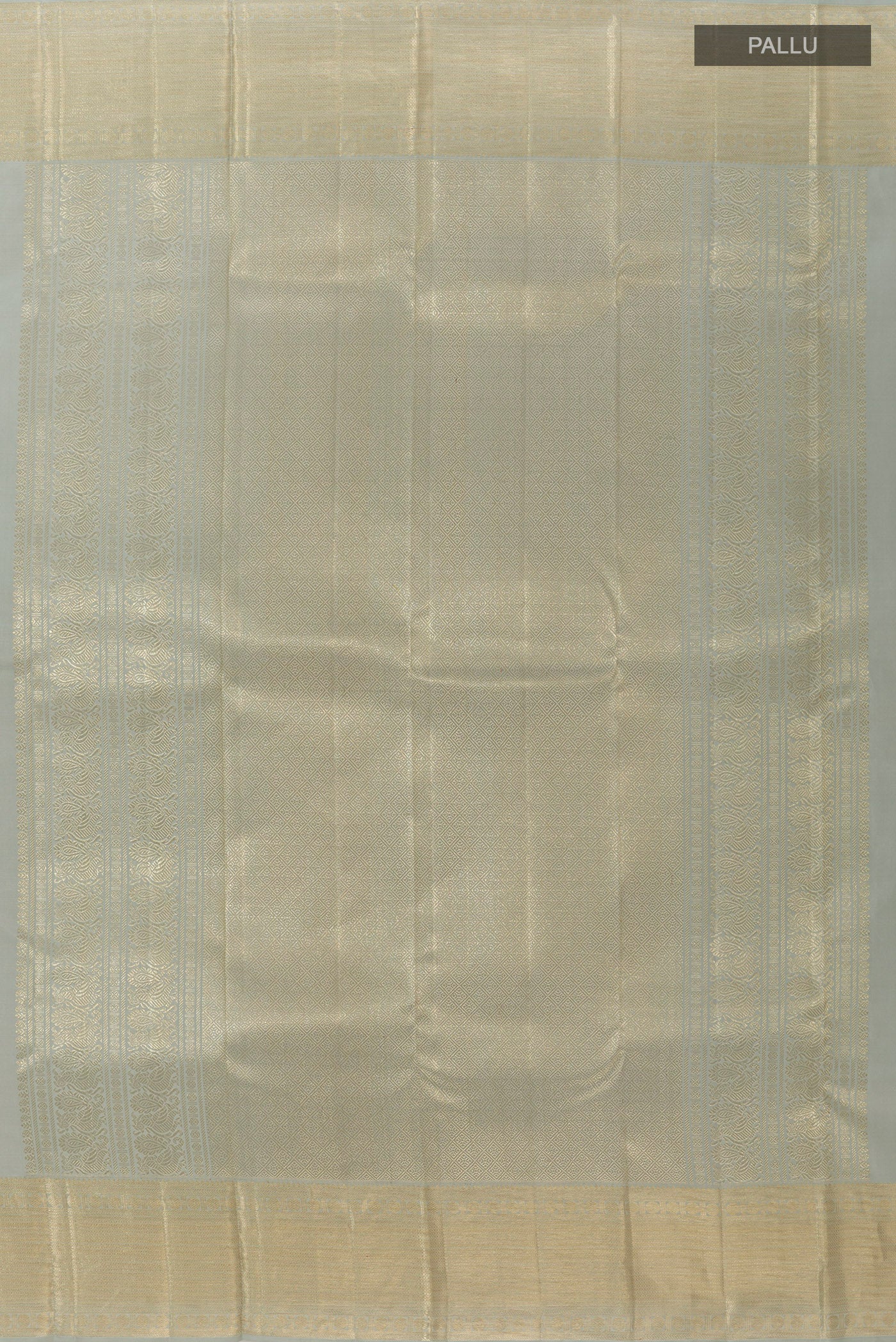 Close up image of the pallu of Grey Kanchipuram Silk Saree with Zari Brocade on the body and Zari Border. 