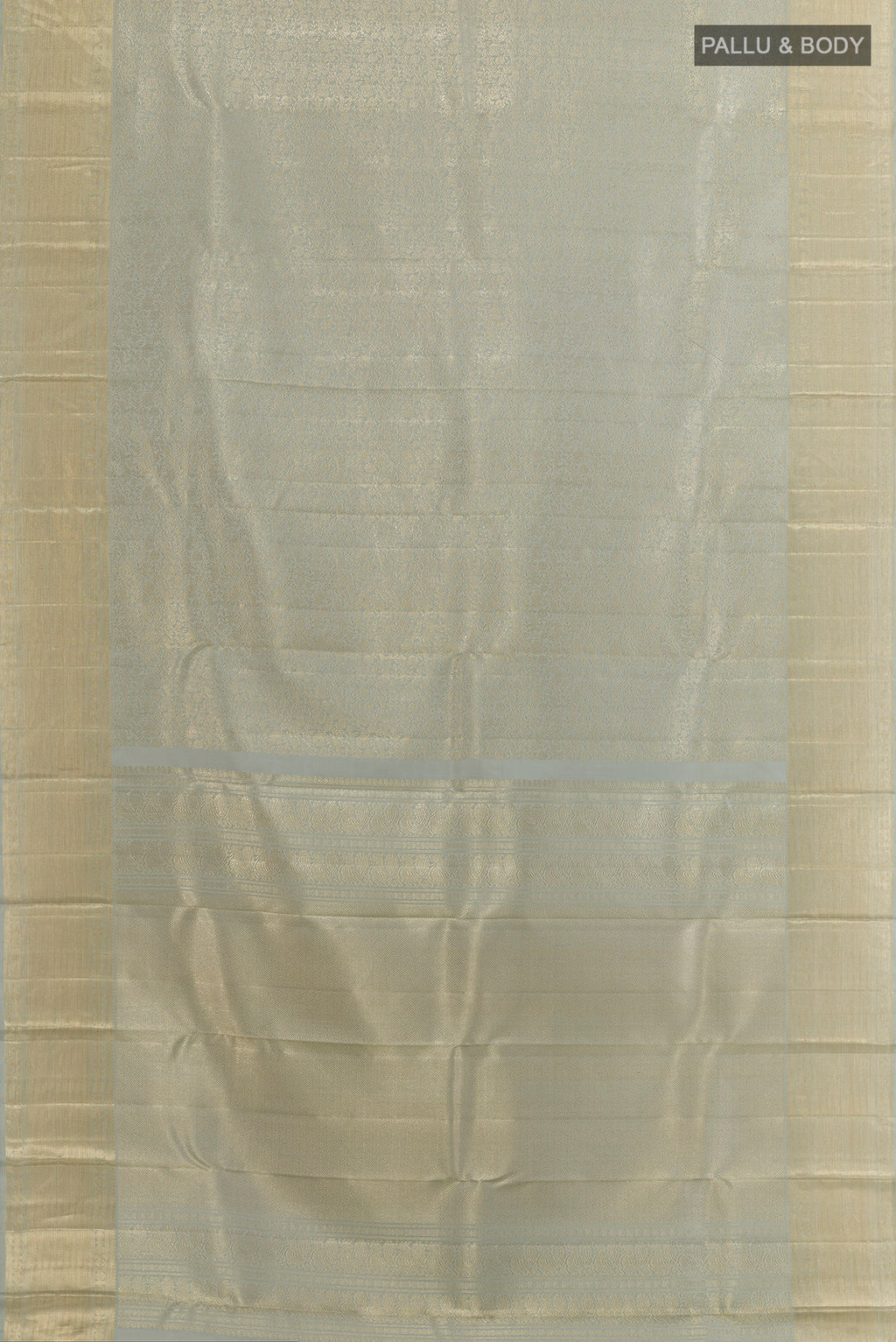 Flat view of Grey Kanchipuram Silk Saree with Zari Brocade on the body and Zari Border. 