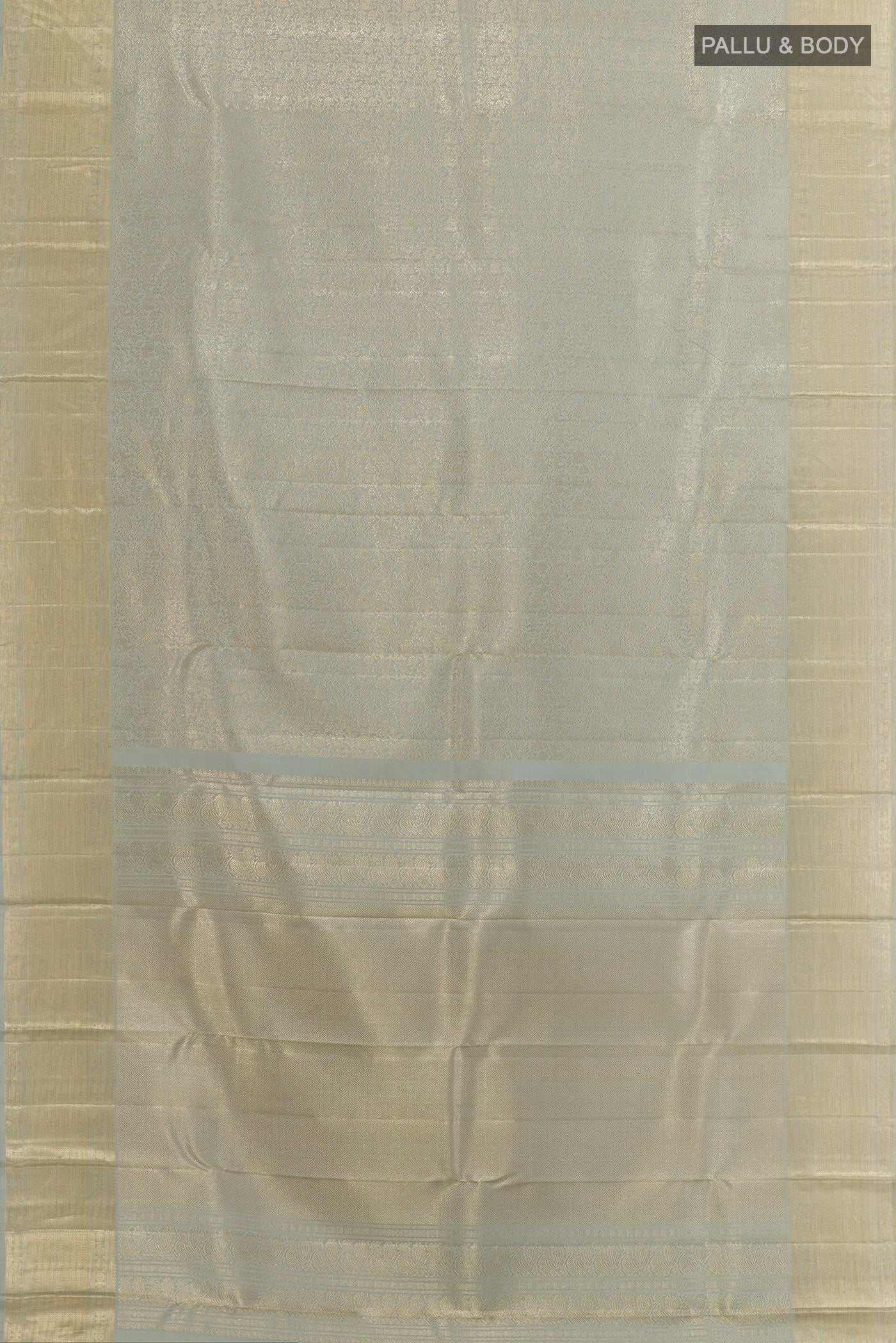 Flat view of Grey Kanchipuram Silk Saree with Zari Brocade on the body and Zari Border. 