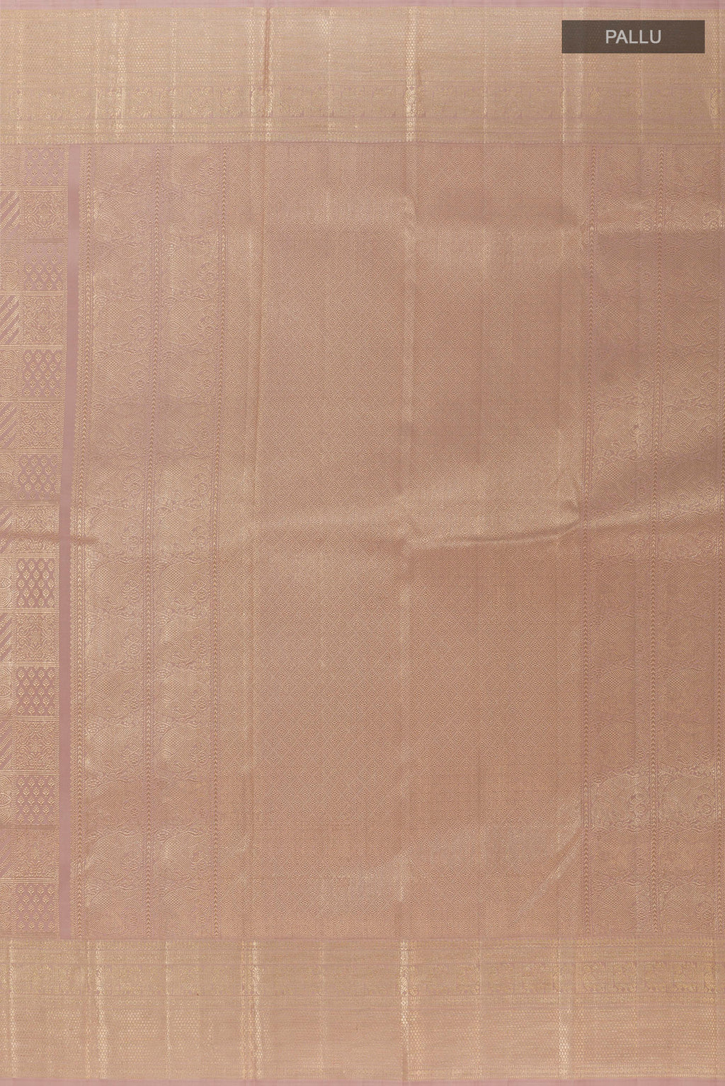 Close up image of the pallu of Lavender Kanchipuram Silk Saree with Zari Brocade on the body and Zari Border. 