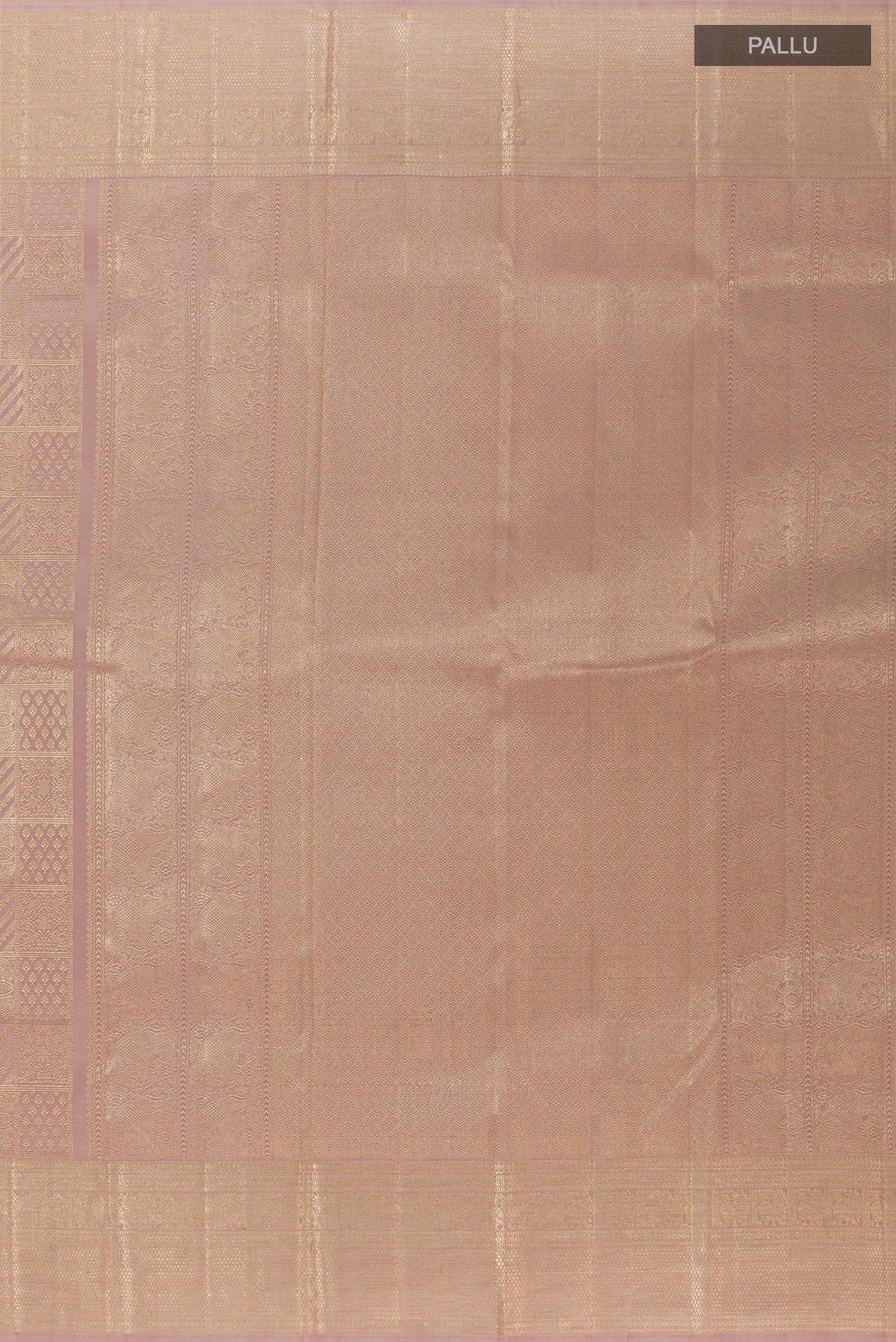 Close up image of the pallu of Lavender Kanchipuram Silk Saree with Zari Brocade on the body and Zari Border. 