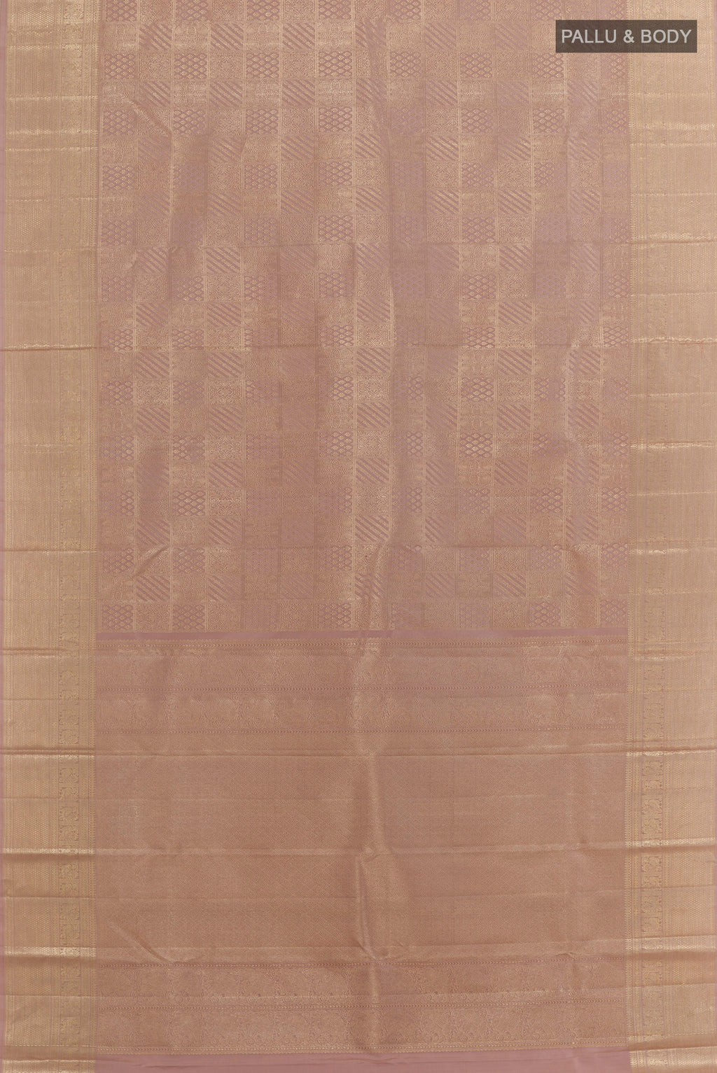 Flat view of Lavender Kanchipuram Silk Saree with Zari Brocade on the body and Zari Border. 