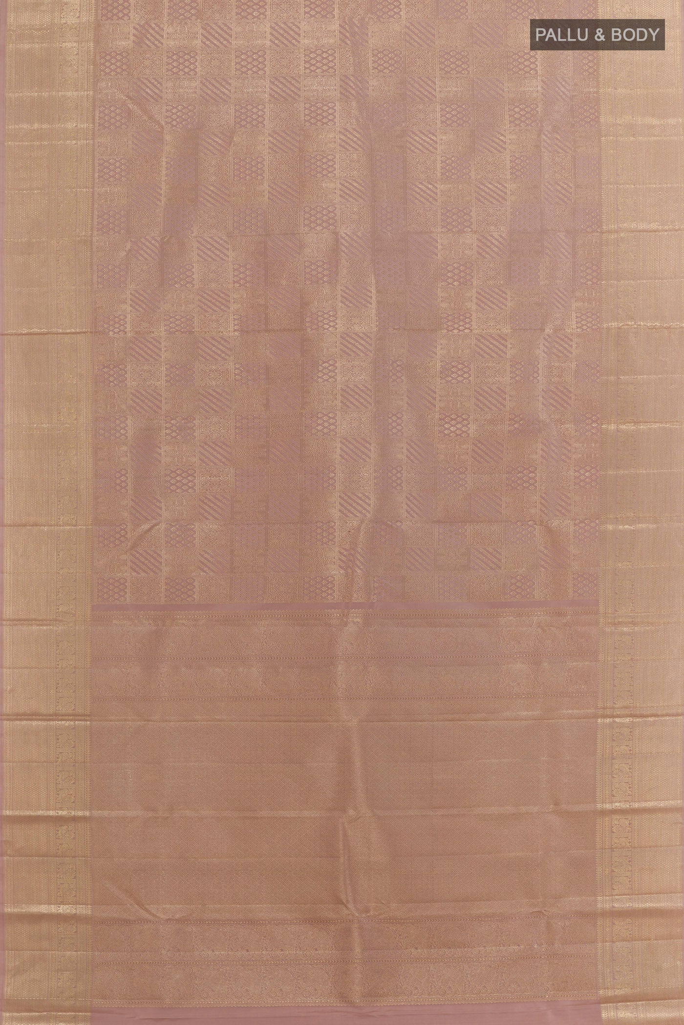 Flat view of Lavender Kanchipuram Silk Saree with Zari Brocade on the body and Zari Border. 