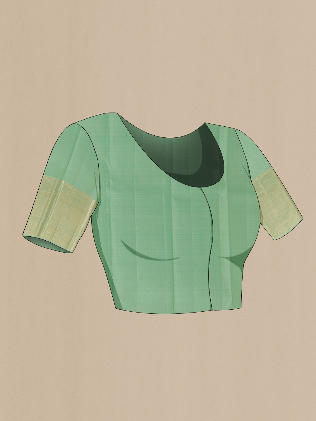Close up image of the blouse of Mint Green Kanchipuram Tissue Silk Saree with Zari Brocade on the body and Zari Border. 