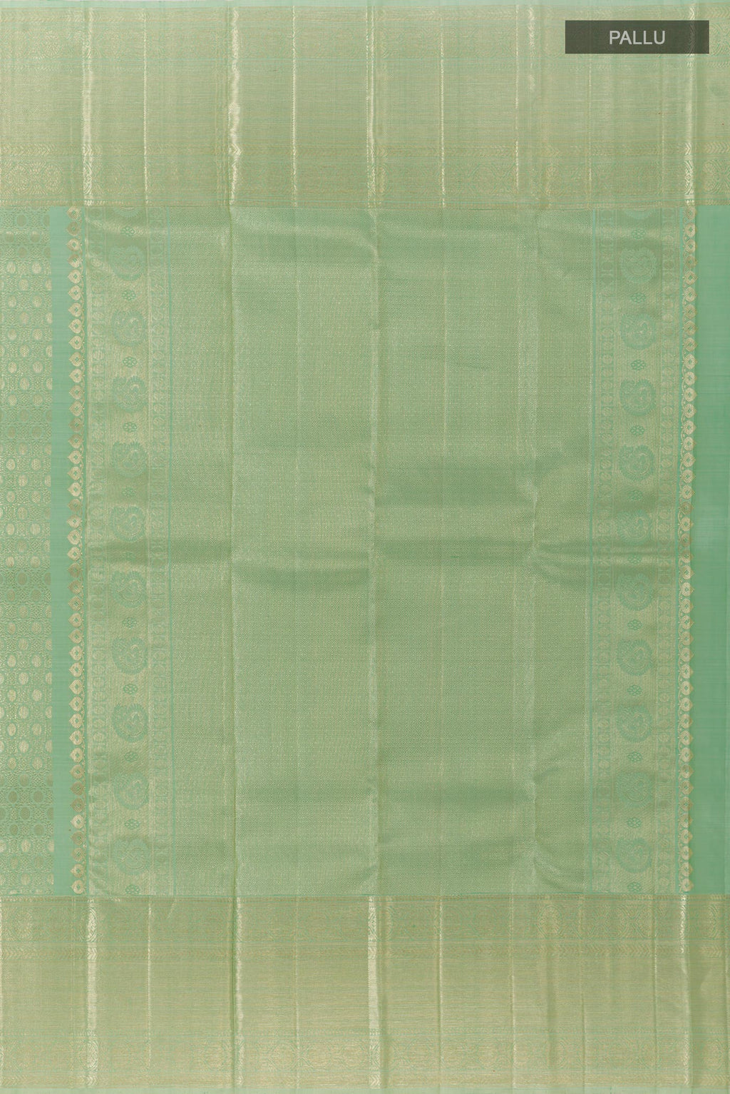Close up image of the pallu of Mint Green Kanchipuram Tissue Silk Saree with Zari Brocade on the body and Zari Border. 