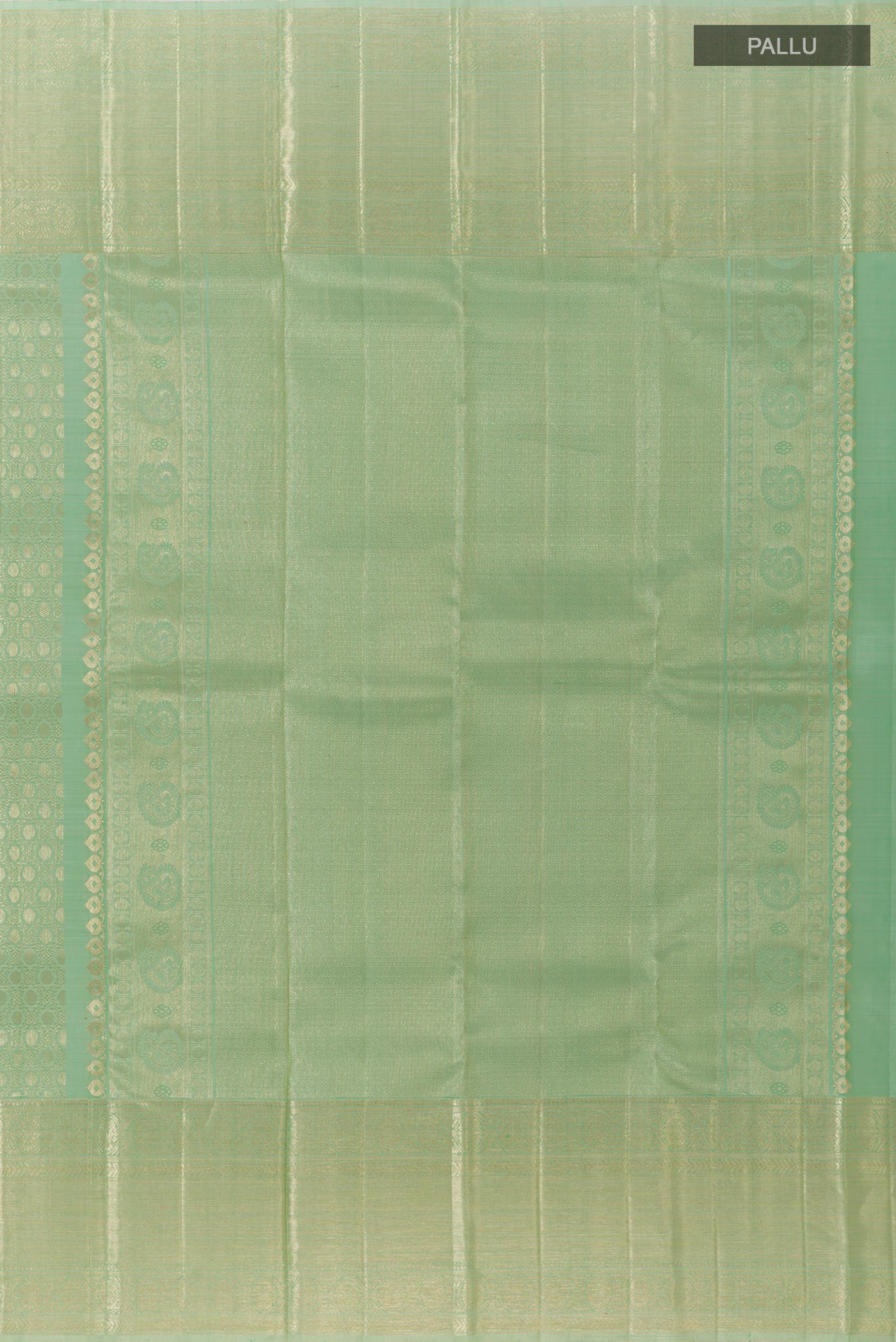 Close up image of the pallu of Mint Green Kanchipuram Tissue Silk Saree with Zari Brocade on the body and Zari Border. 