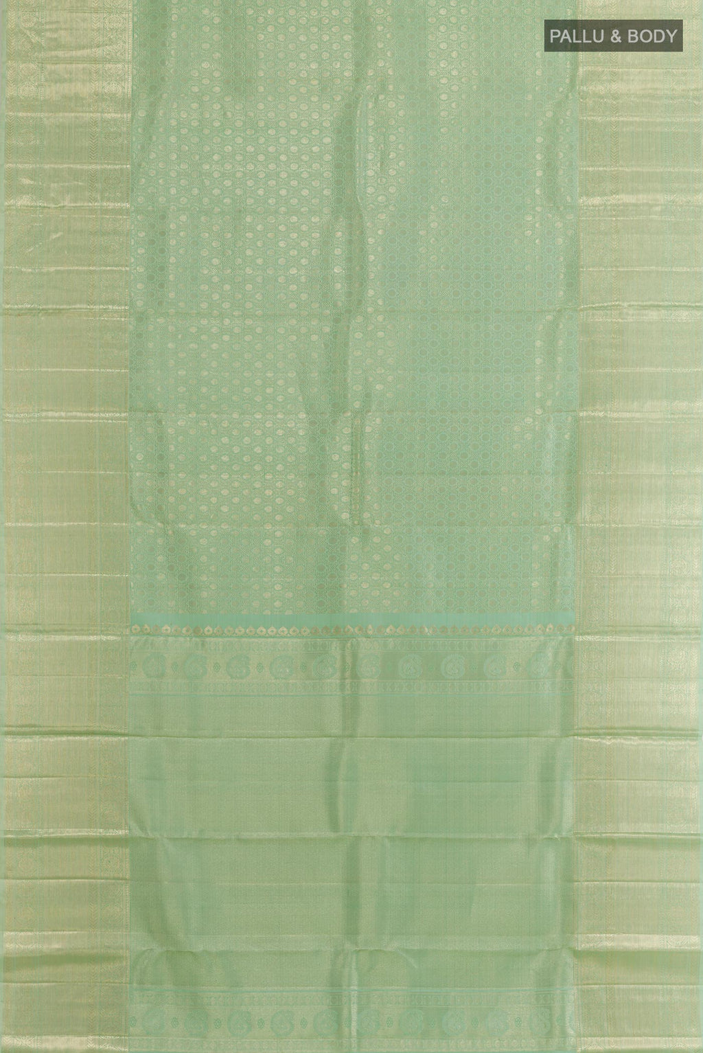 Flat view of Mint Green Kanchipuram Tissue Silk Saree with Zari Brocade on the body and Zari Border. 