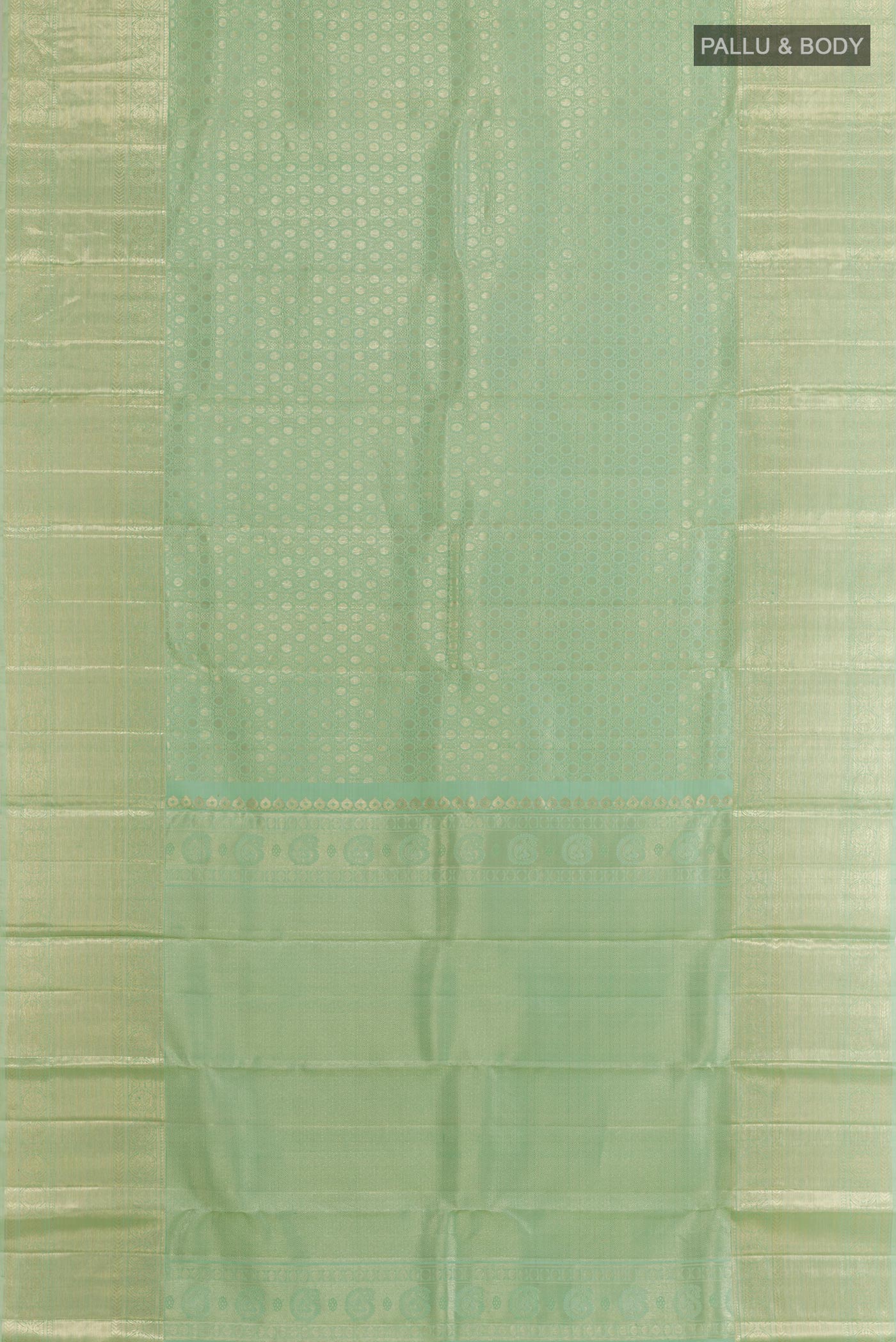 Flat view of Mint Green Kanchipuram Tissue Silk Saree with Zari Brocade on the body and Zari Border. 