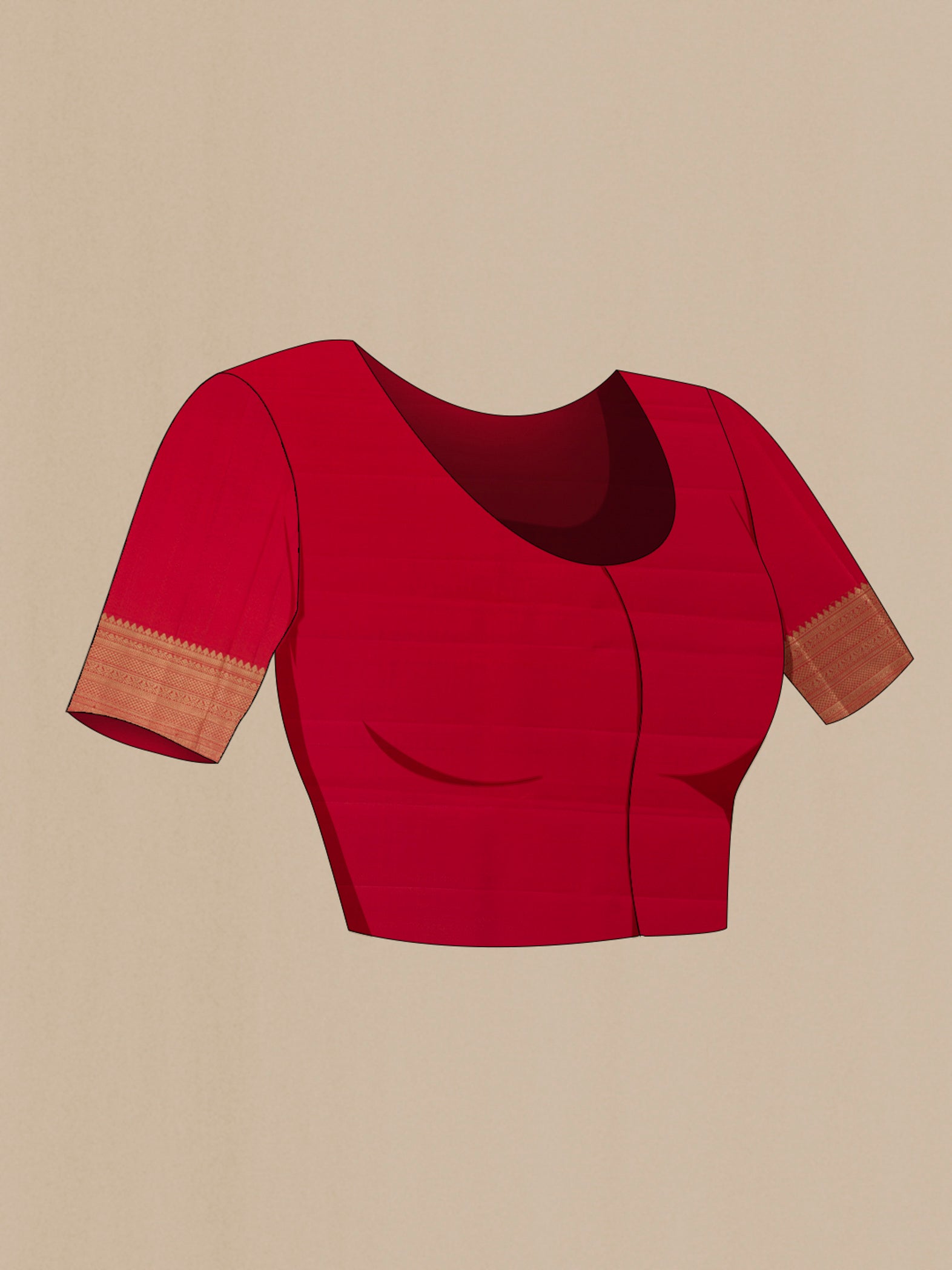Close up image of the blouse of Red Kanjivaram Silk Saree with Zari Brocade on the body and Zari Border. 