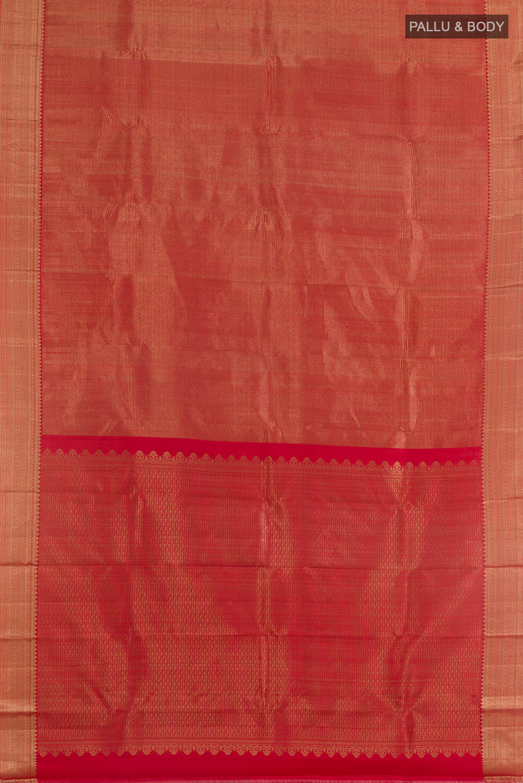 Flat view of Red Kanjivaram Silk Saree with Zari Brocade on the body and Zari Border. 