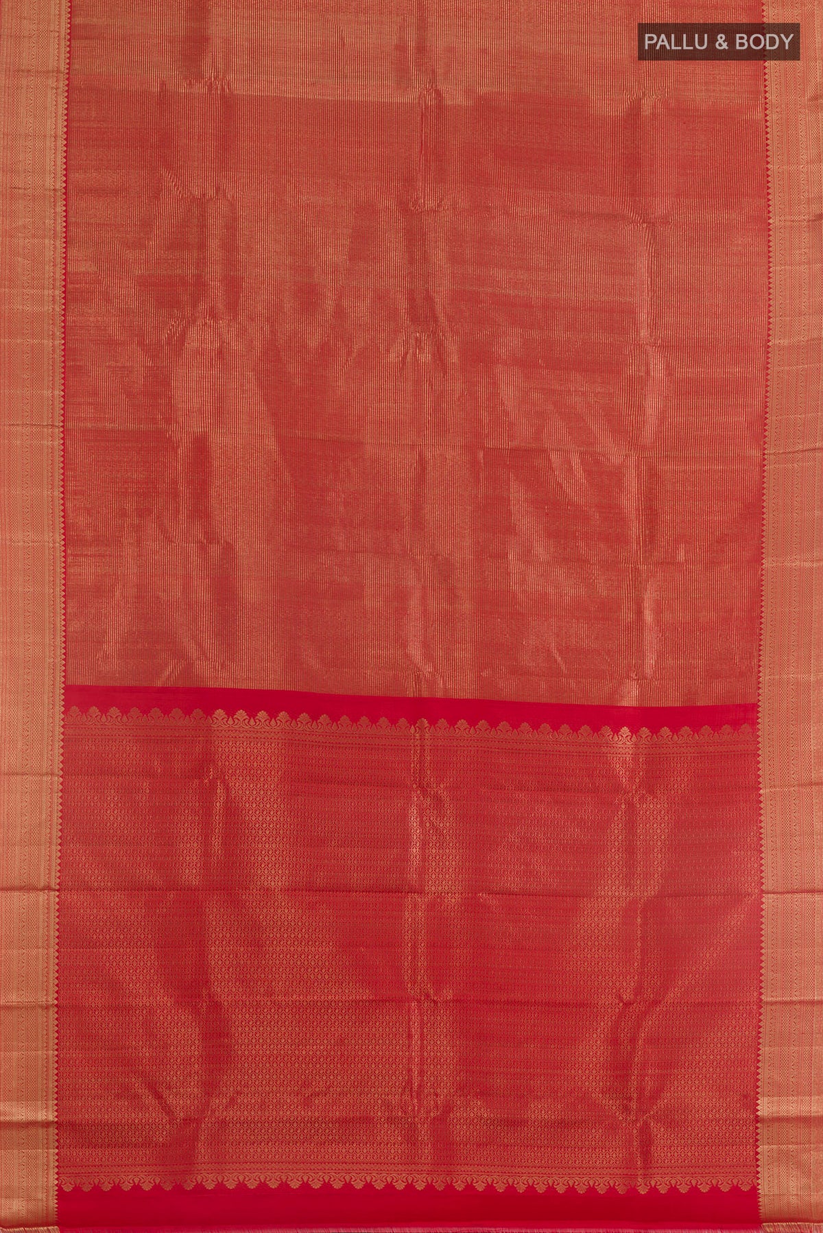 Flat view of Red Kanjivaram Silk Saree with Zari Brocade on the body and Zari Border. 