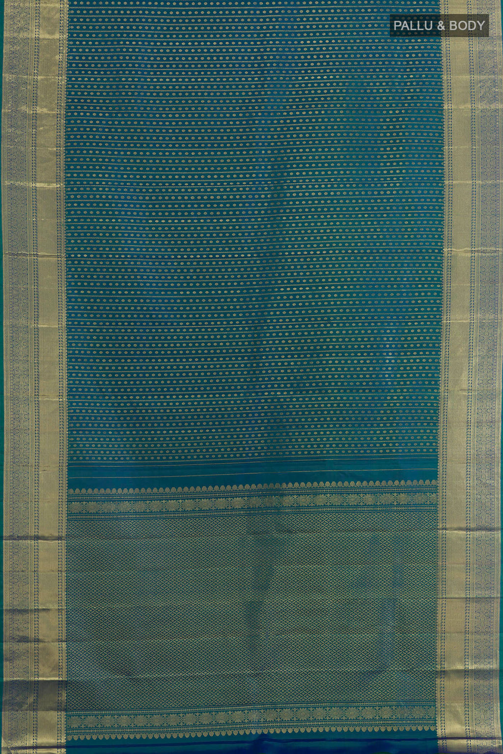 Flat view of Peacock Blue Kanjivaram Silk Saree with Stripes on the body and Zari Border. 