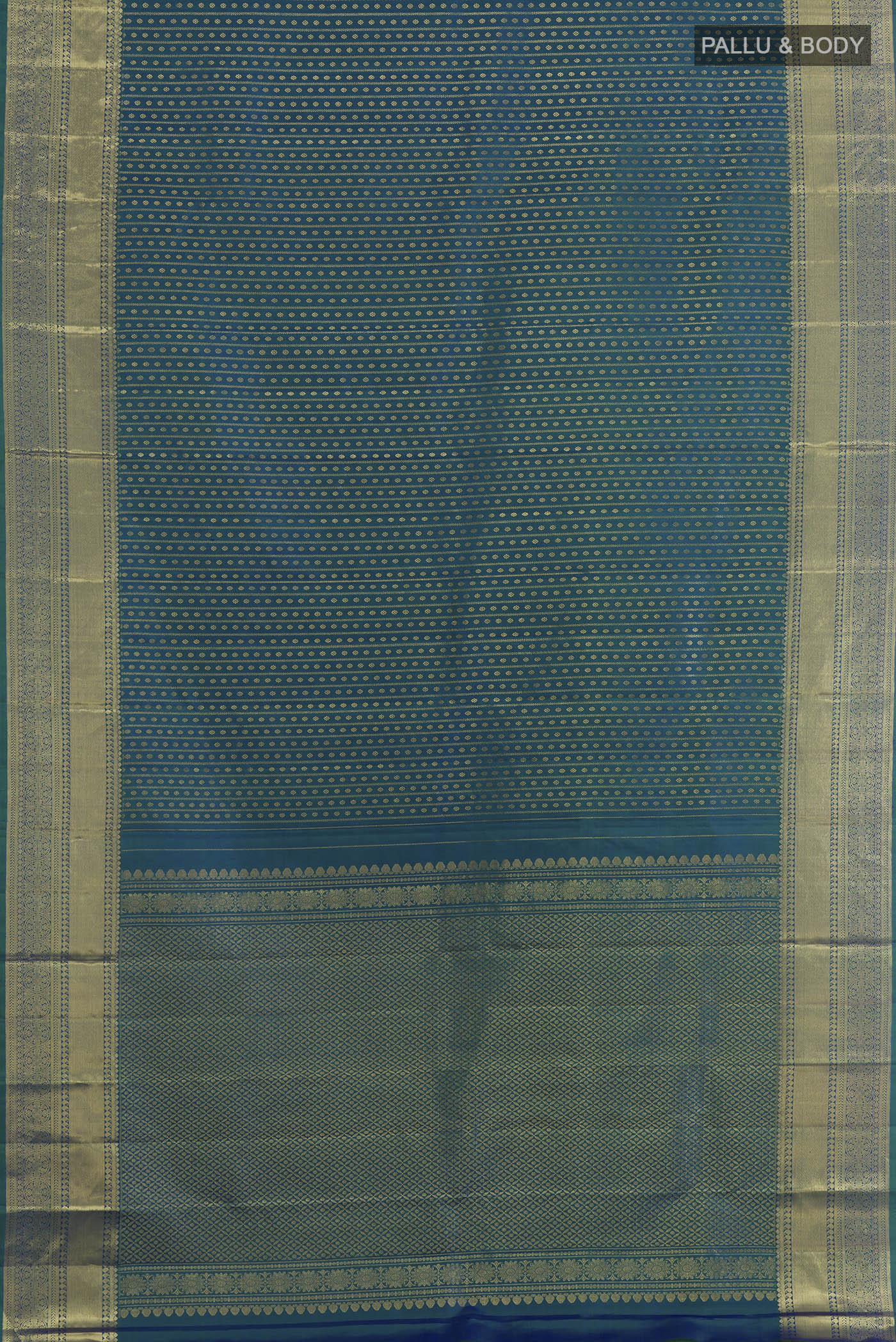 Flat view of Peacock Blue Kanjivaram Silk Saree with Stripes on the body and Zari Border. 