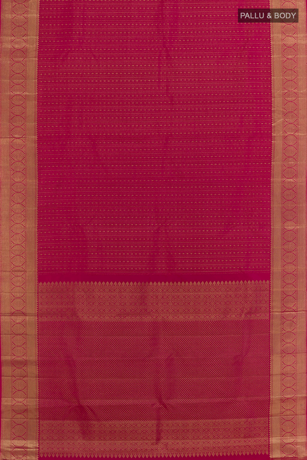 Flat view of Pink Kanjivaram Silk Saree with Zari Brocade on the body and Zari Border. 