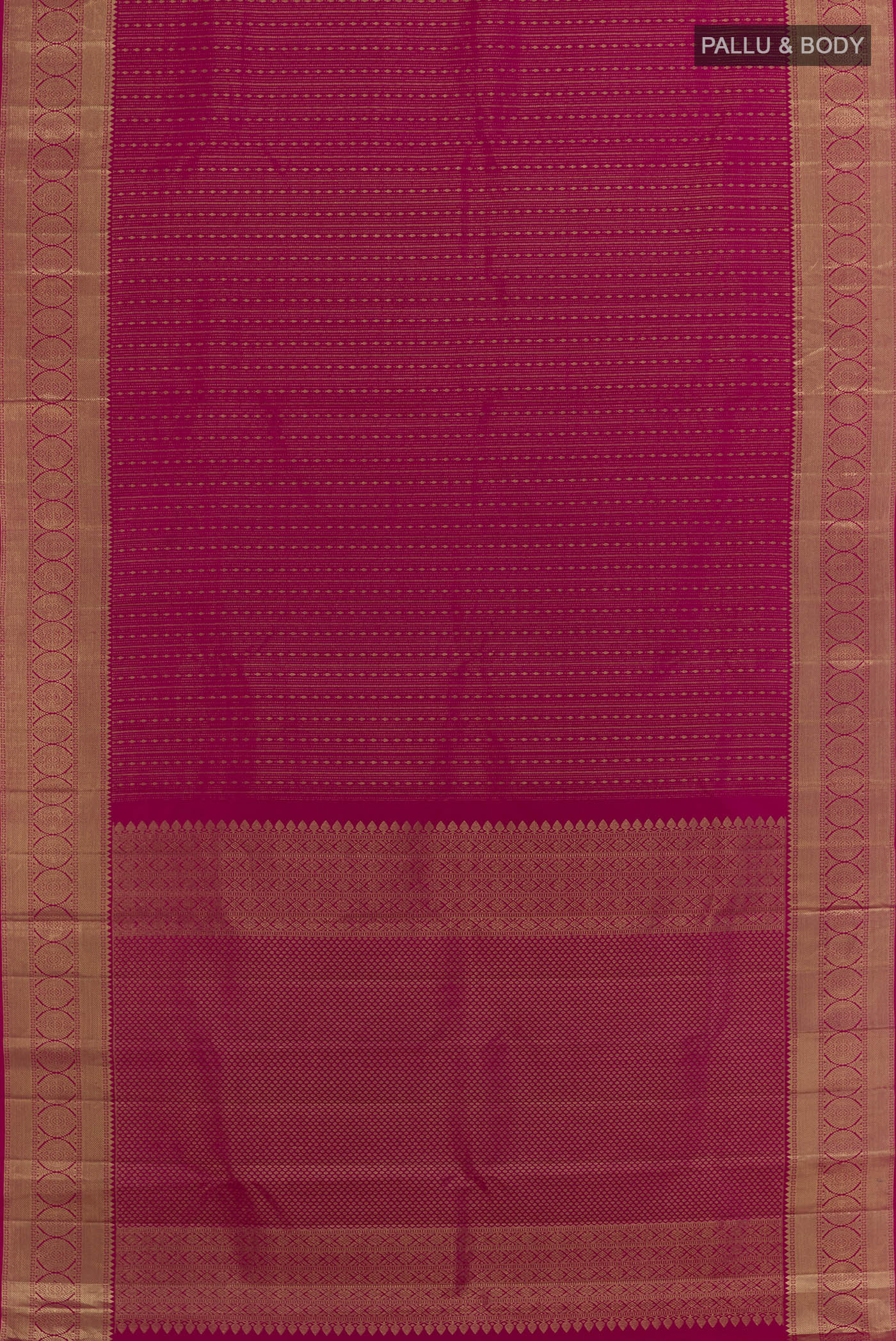 Flat view of Pink Kanjivaram Silk Saree with Zari Brocade on the body and Zari Border. 