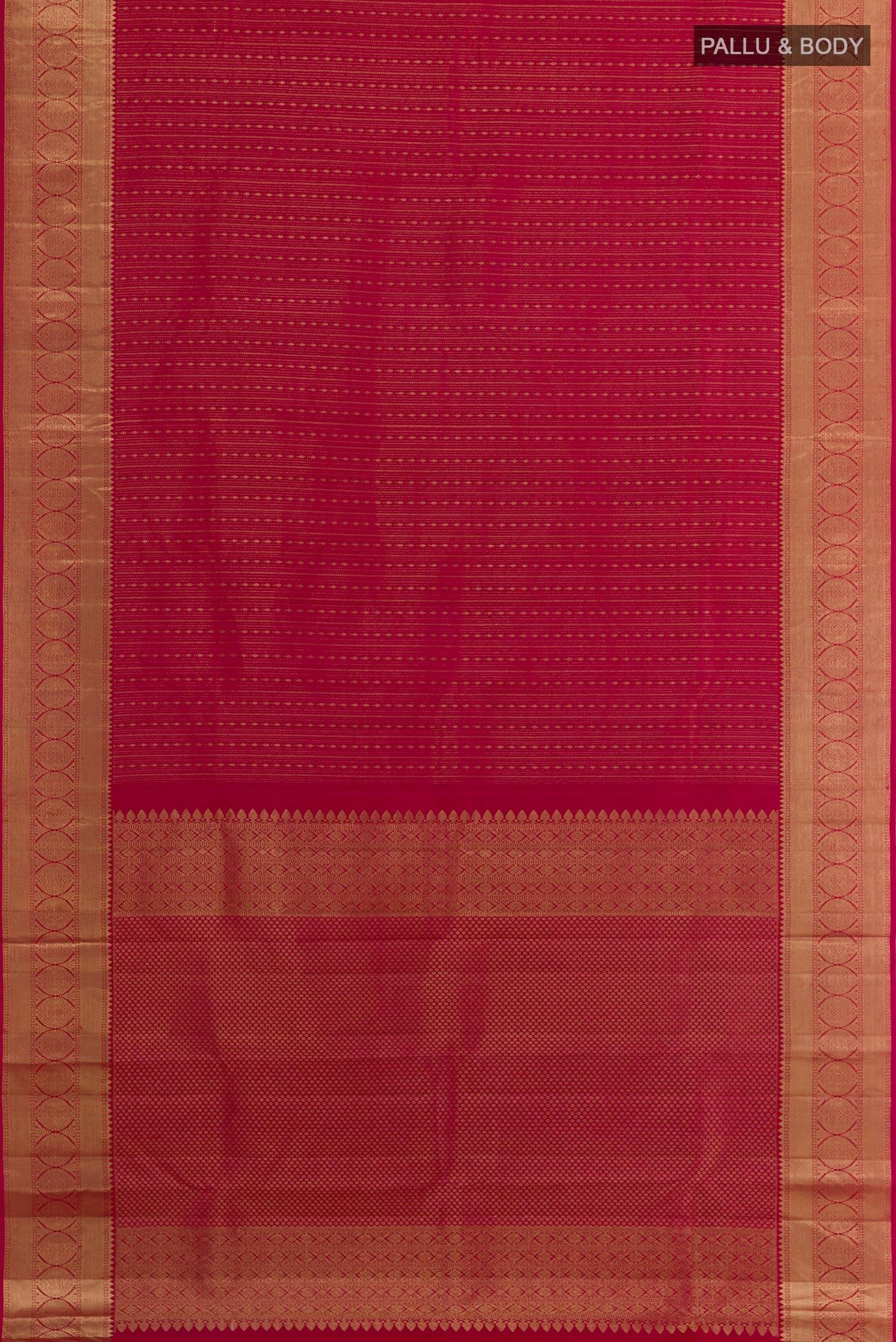 Flat view of Dark Pink Kanjivaram Silk Saree with Stripes on the body and Zari Border. 
