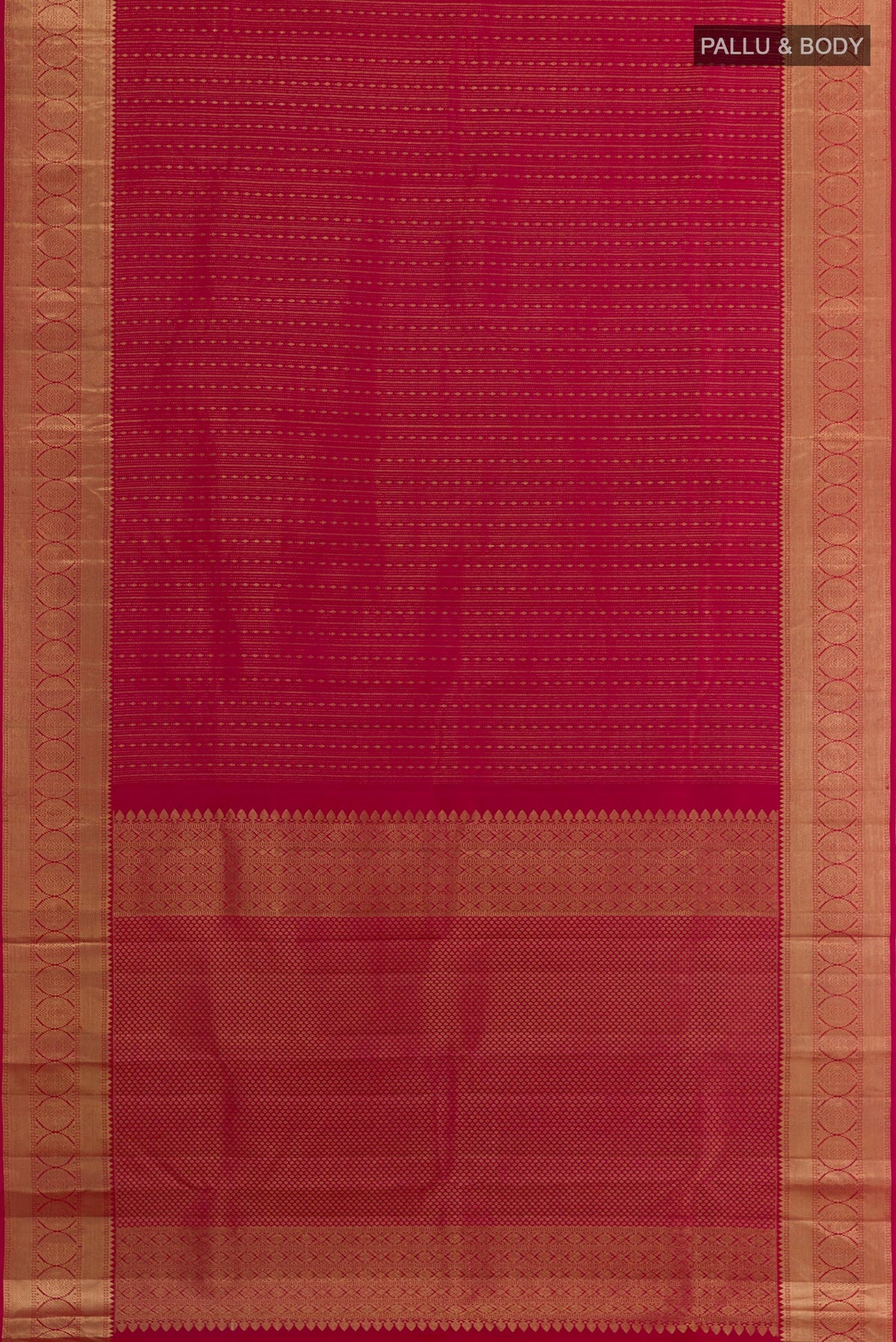 Flat view of Dark Pink Kanjivaram Silk Saree with Stripes on the body and Zari Border. 