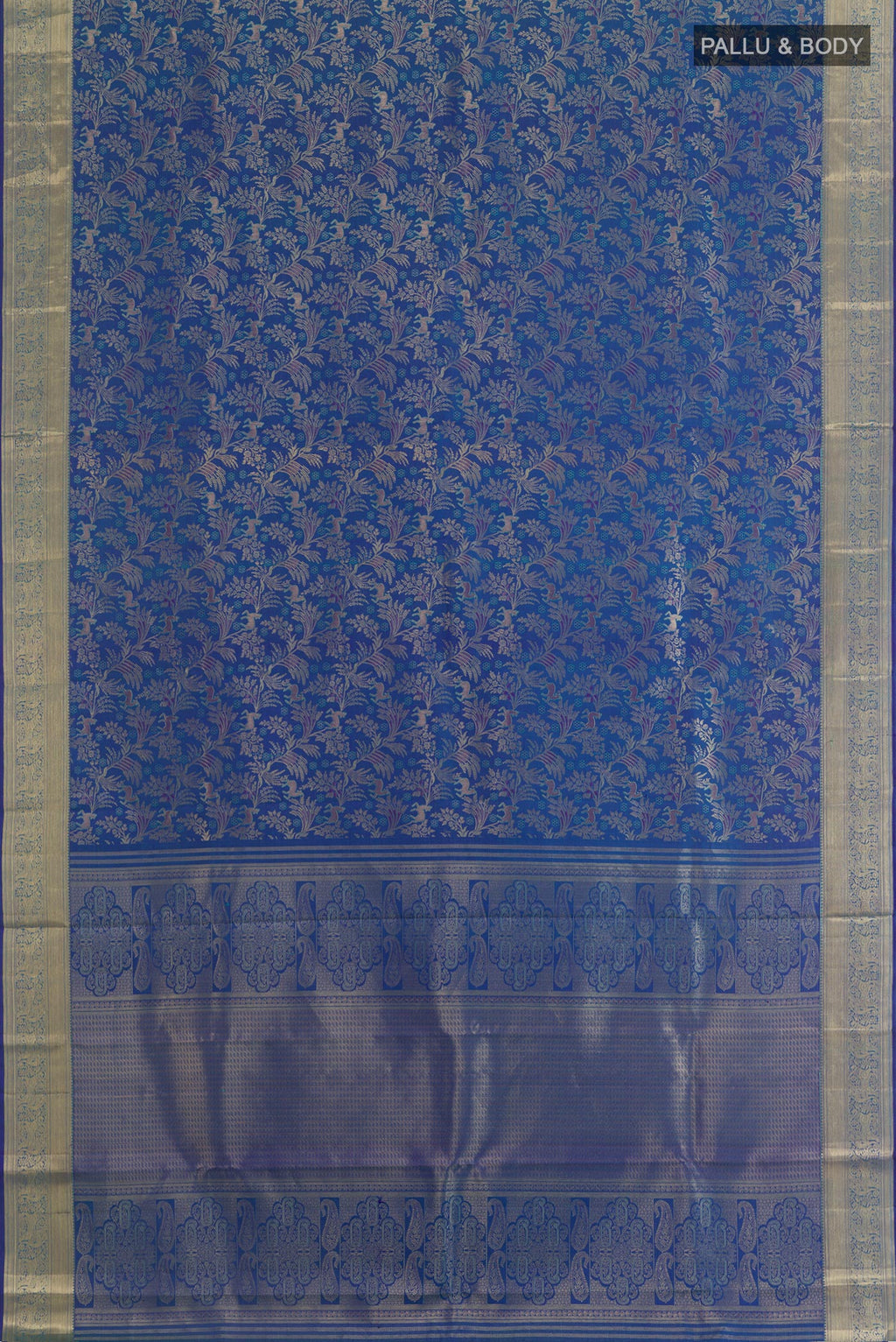Flat view of Royal Blue Kanjivaram Silk Saree with Zari Brocade on the body and Zari Border. 