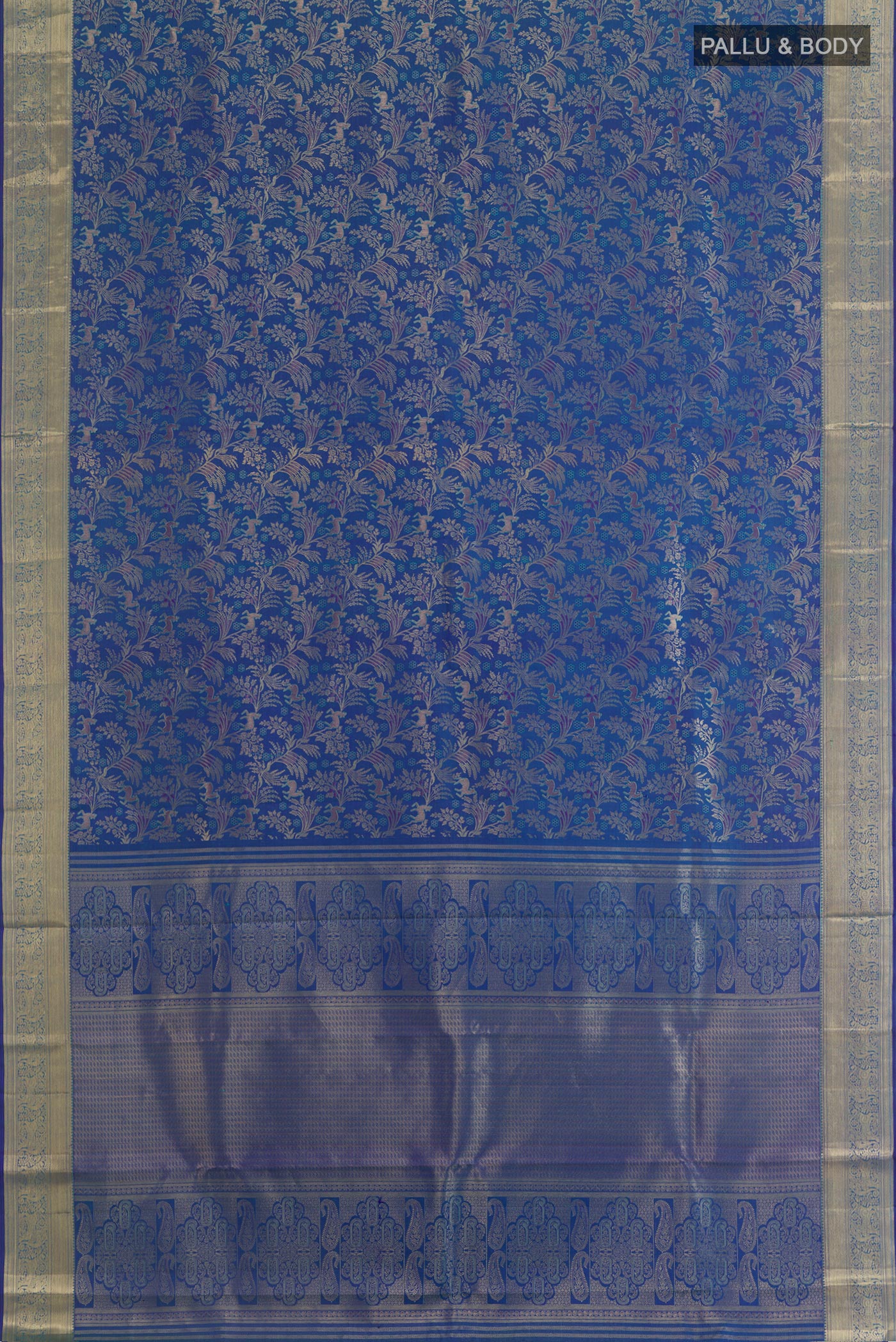 Flat view of Royal Blue Kanjivaram Silk Saree with Zari Brocade on the body and Zari Border. 