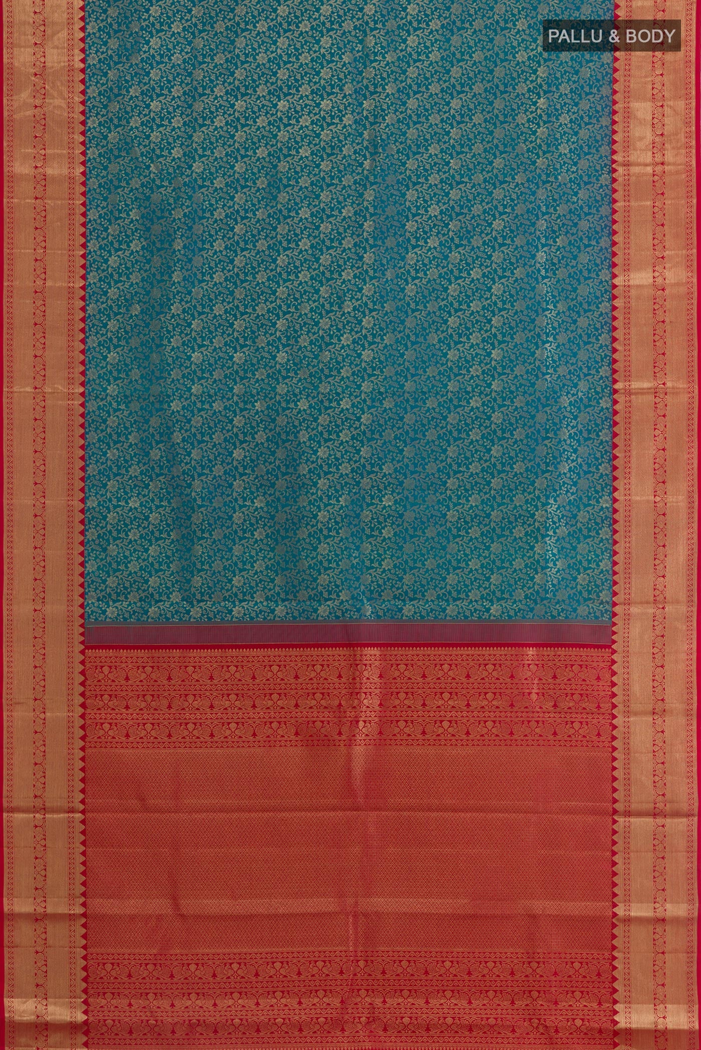 Flat view of Blue Kanchipuram Silk Saree with Zari Brocade on the body and Zari Border. 