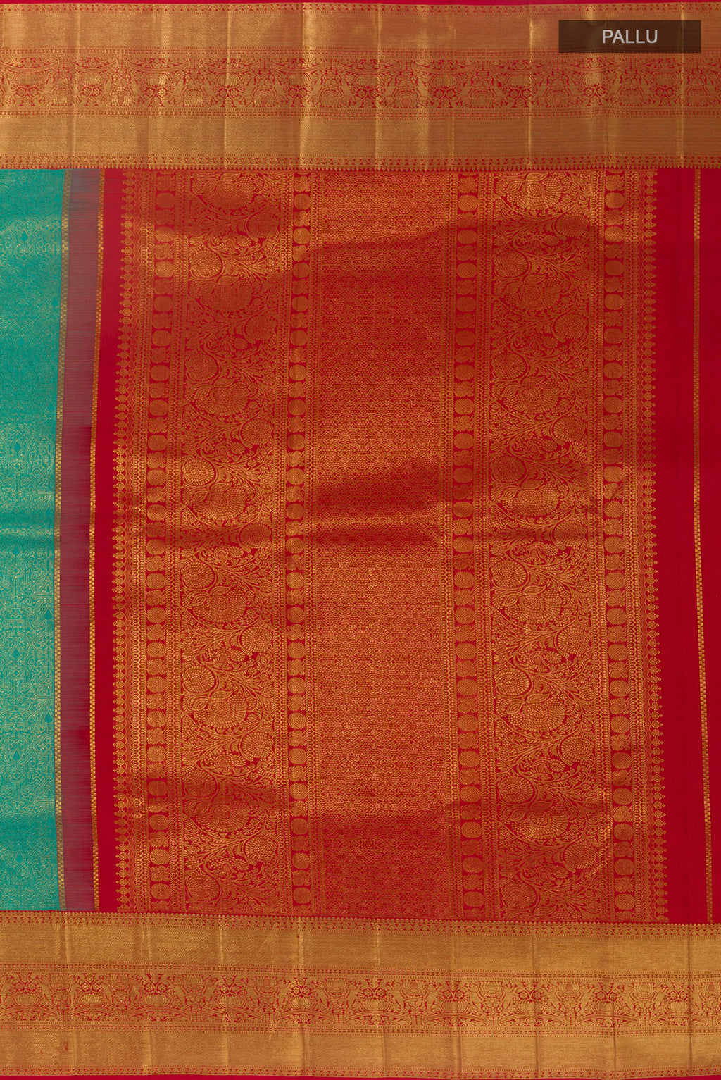 Close up image of the pallu of Sea Green Kanchipuram Silk Saree with Zari Brocade on the body and Zari Border. 