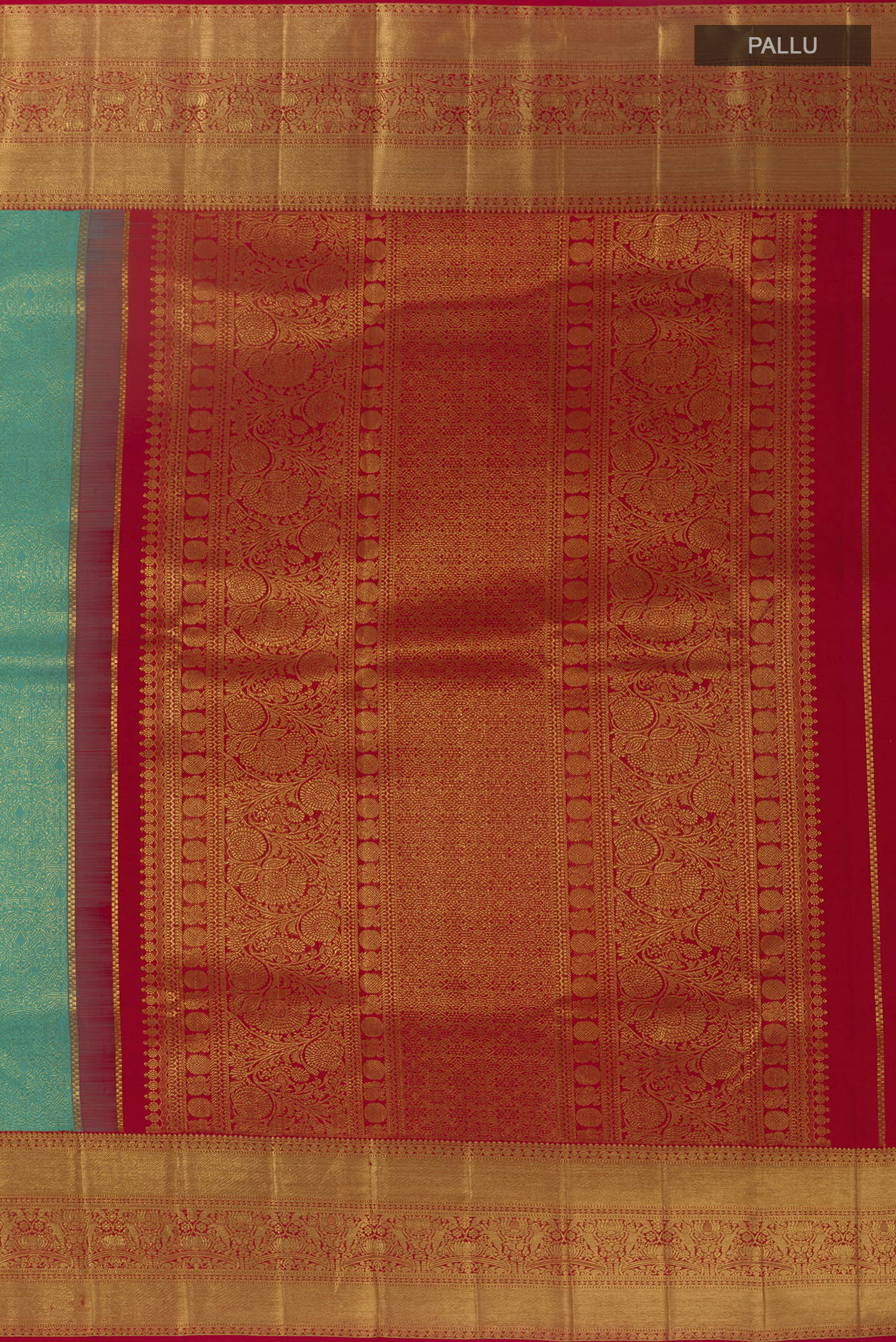 Close up image of the pallu of Sea Green Kanchipuram Silk Saree with Zari Brocade on the body and Zari Border. 