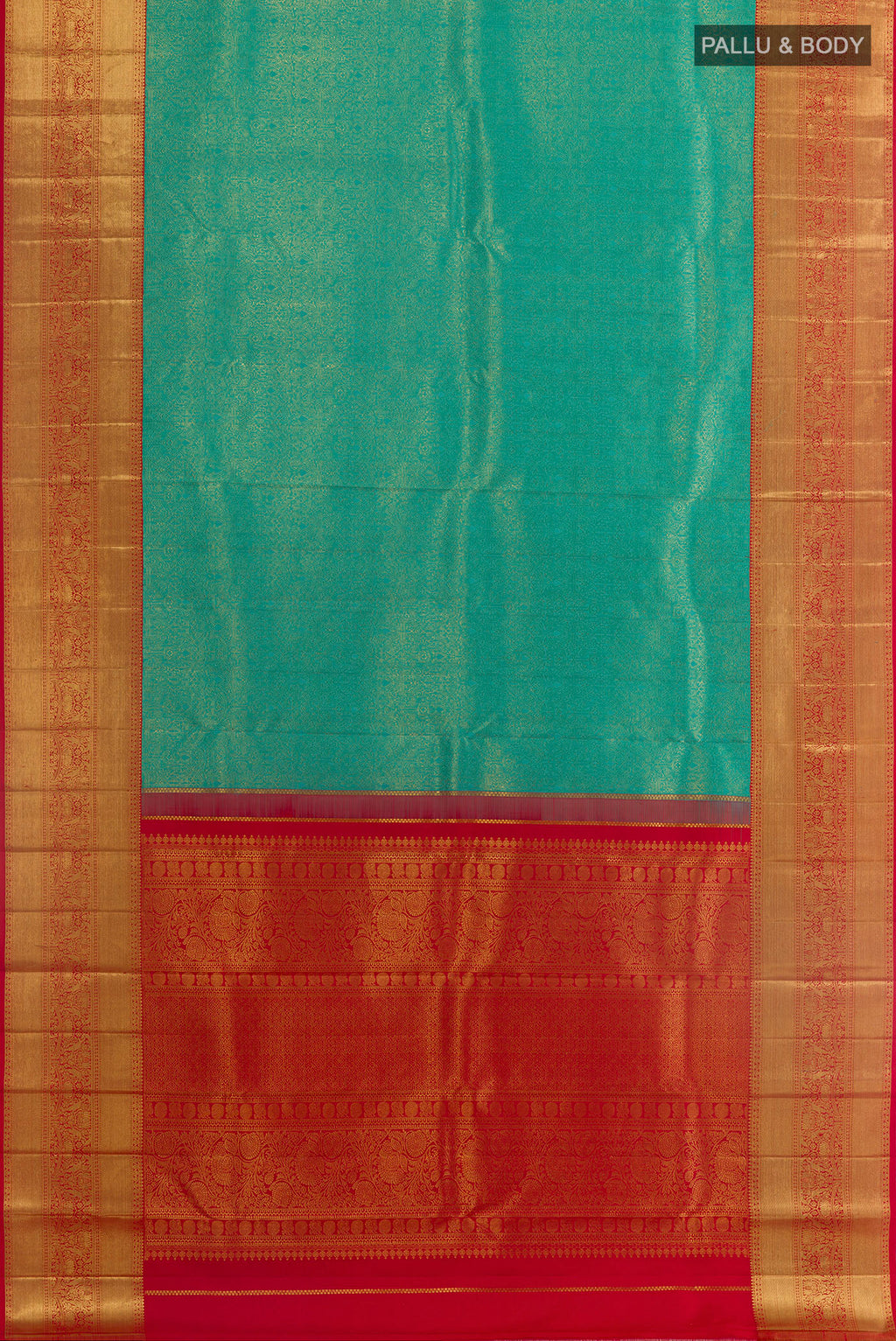 Flat view of Sea Green Kanchipuram Silk Saree with Zari Brocade on the body and Zari Border. 
