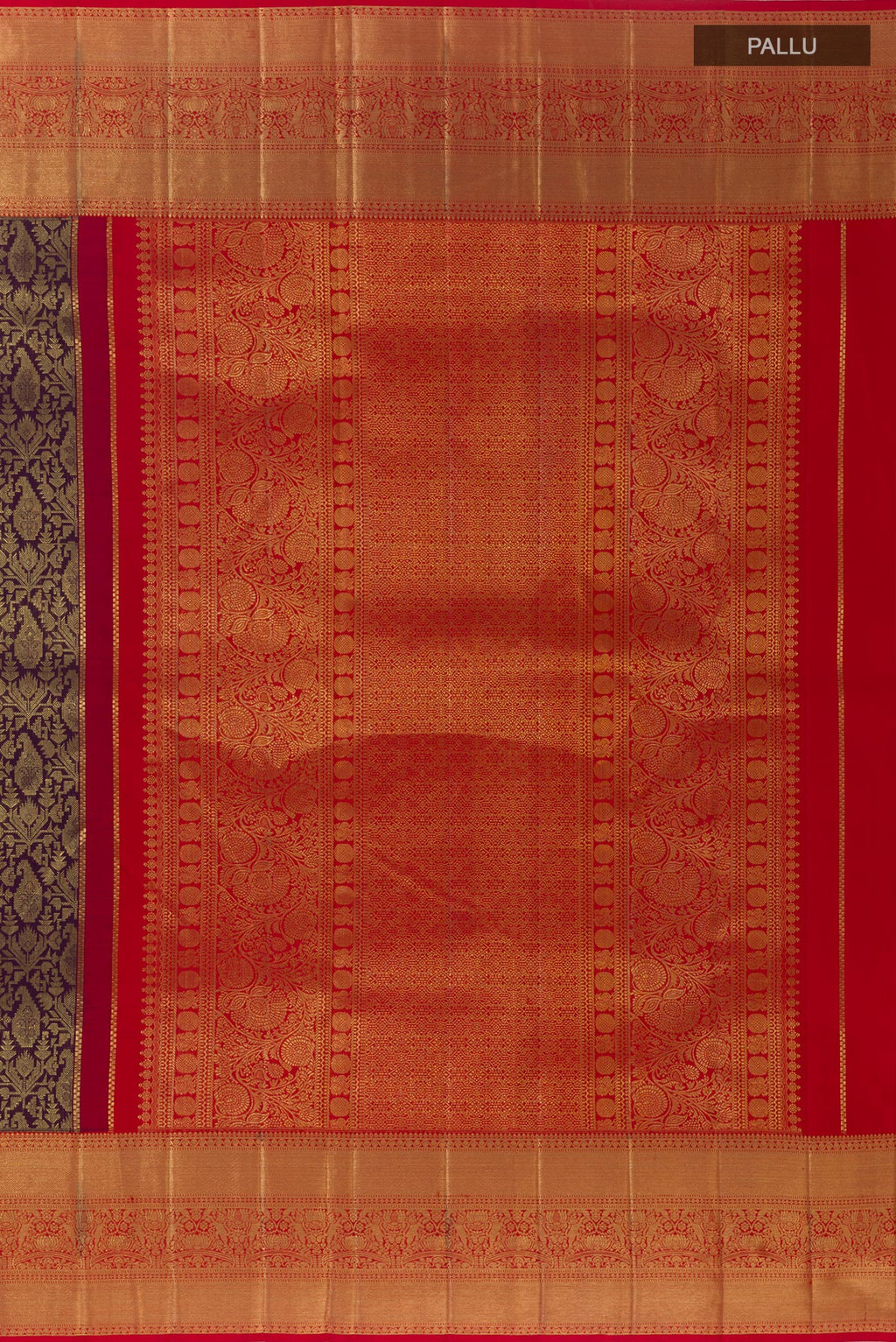 Close up image of the pallu of Purple Kanchipuram Silk Saree with Zari Brocade on the body and Zari Border. 