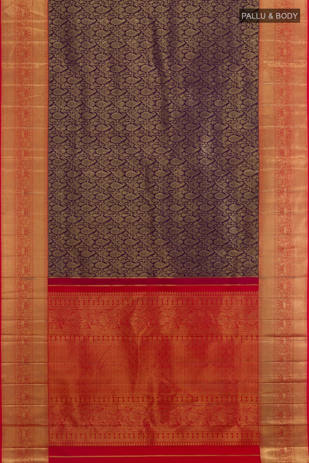 Flat view of Purple Kanchipuram Silk Saree with Zari Brocade on the body and Zari Border. 