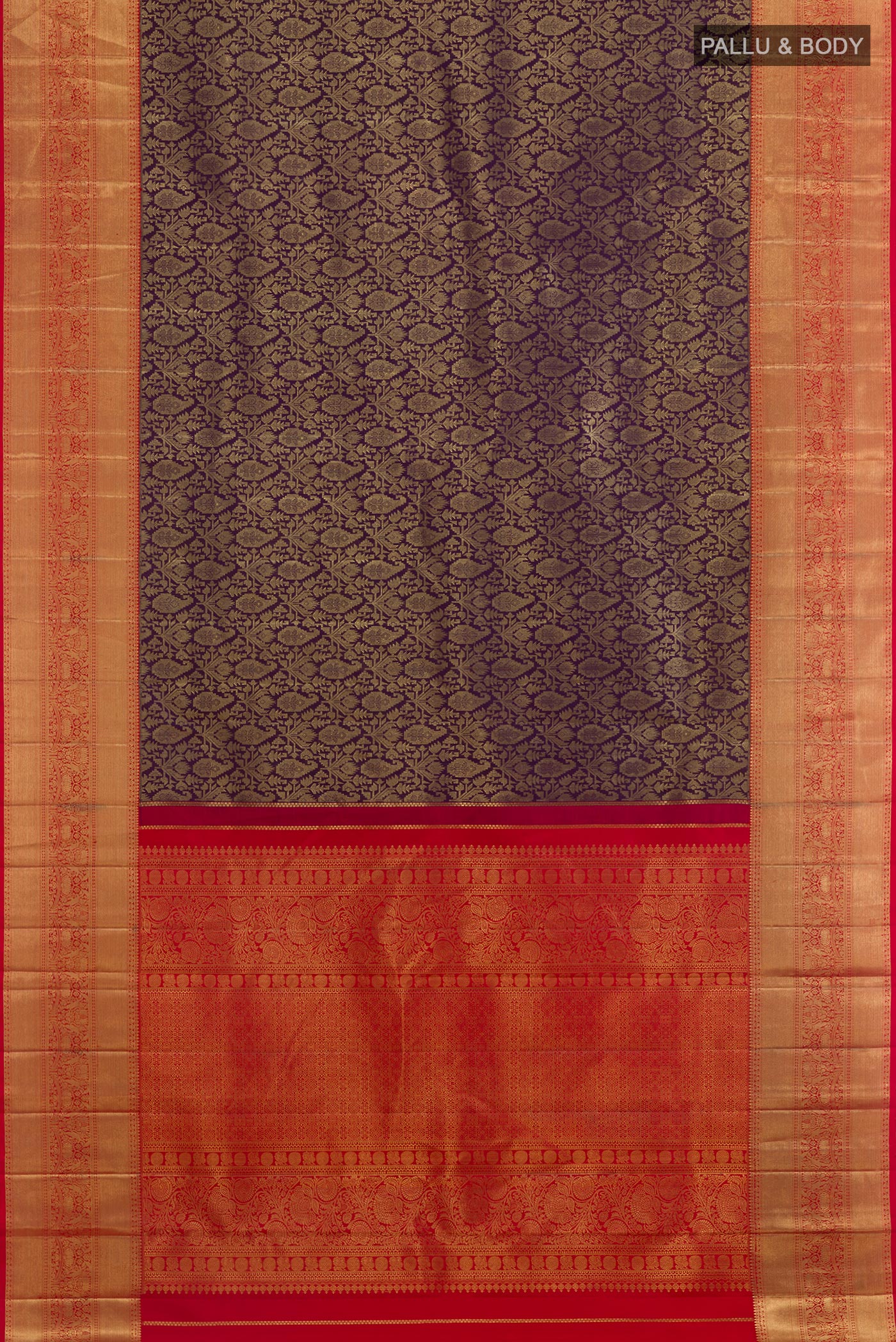 Flat view of Purple Kanchipuram Silk Saree with Zari Brocade on the body and Zari Border. 