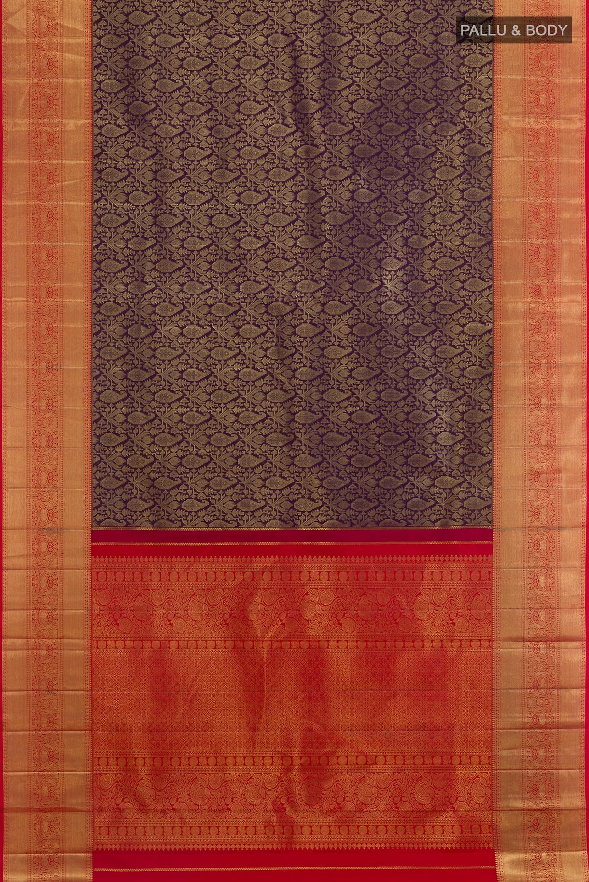 Flat view of Purple Kanchipuram Silk Saree with Zari Brocade on the body and Zari Border. 