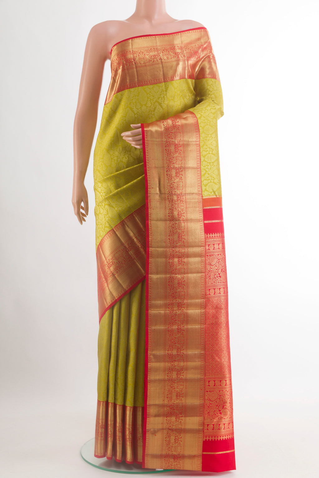 Lemon Yellow Kanchipuram Silk Saree with Zari Brocade on the body and Zari Border.  displayed on a mannequin