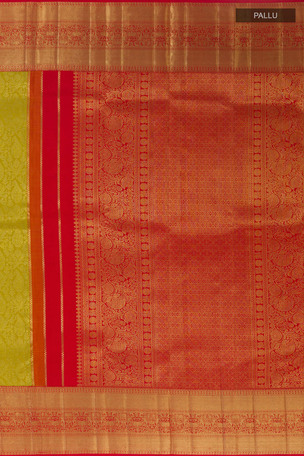 Close up image of the pallu of Lemon Yellow Kanchipuram Silk Saree with Zari Brocade on the body and Zari Border. 