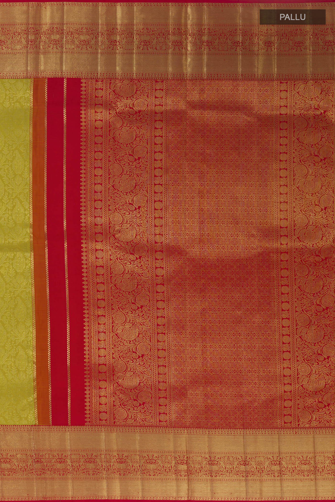 Close up image of the pallu of Lemon Yellow Kanchipuram Silk Saree with Zari Brocade on the body and Zari Border. 