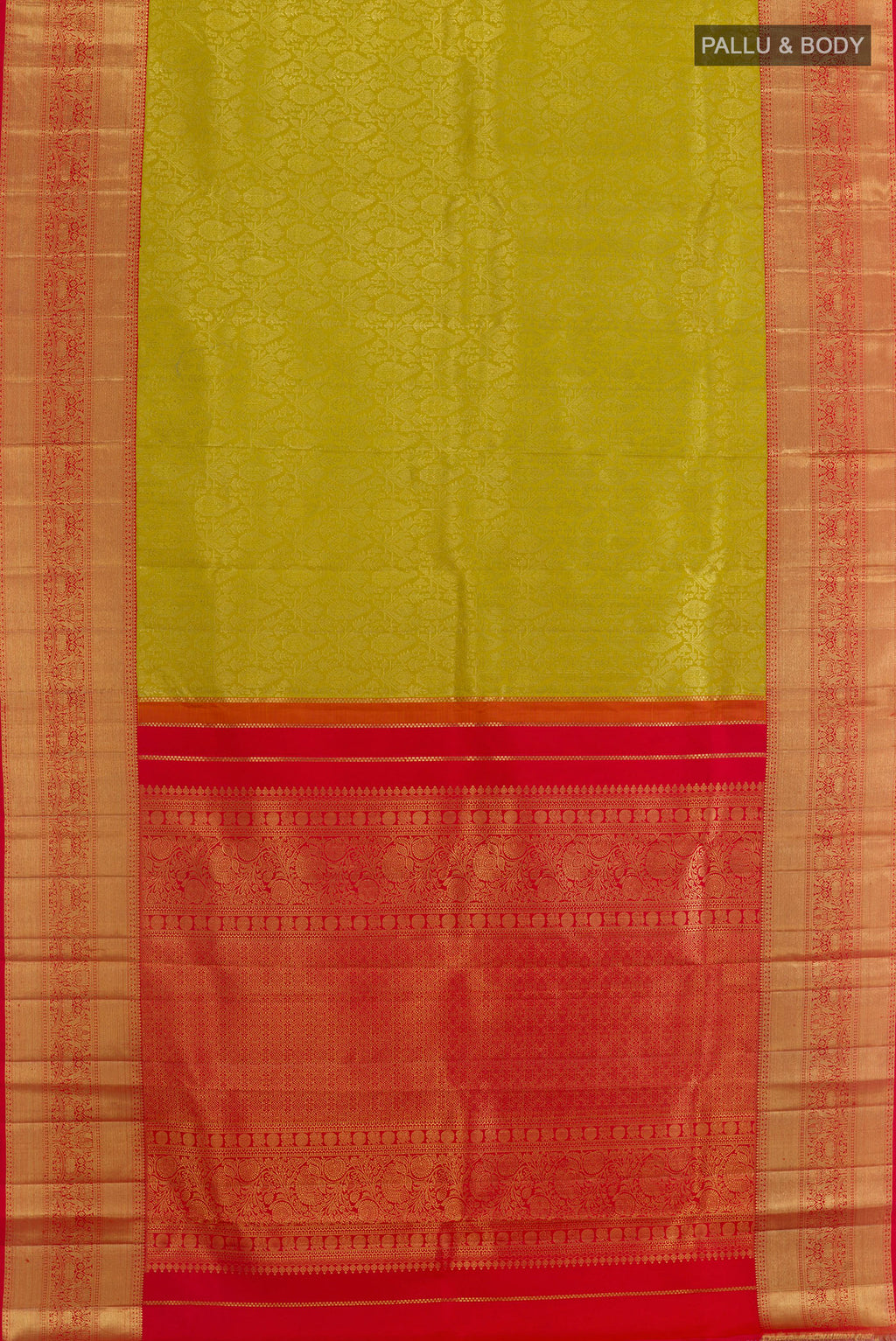 Flat view of Lemon Yellow Kanchipuram Silk Saree with Zari Brocade on the body and Zari Border. 