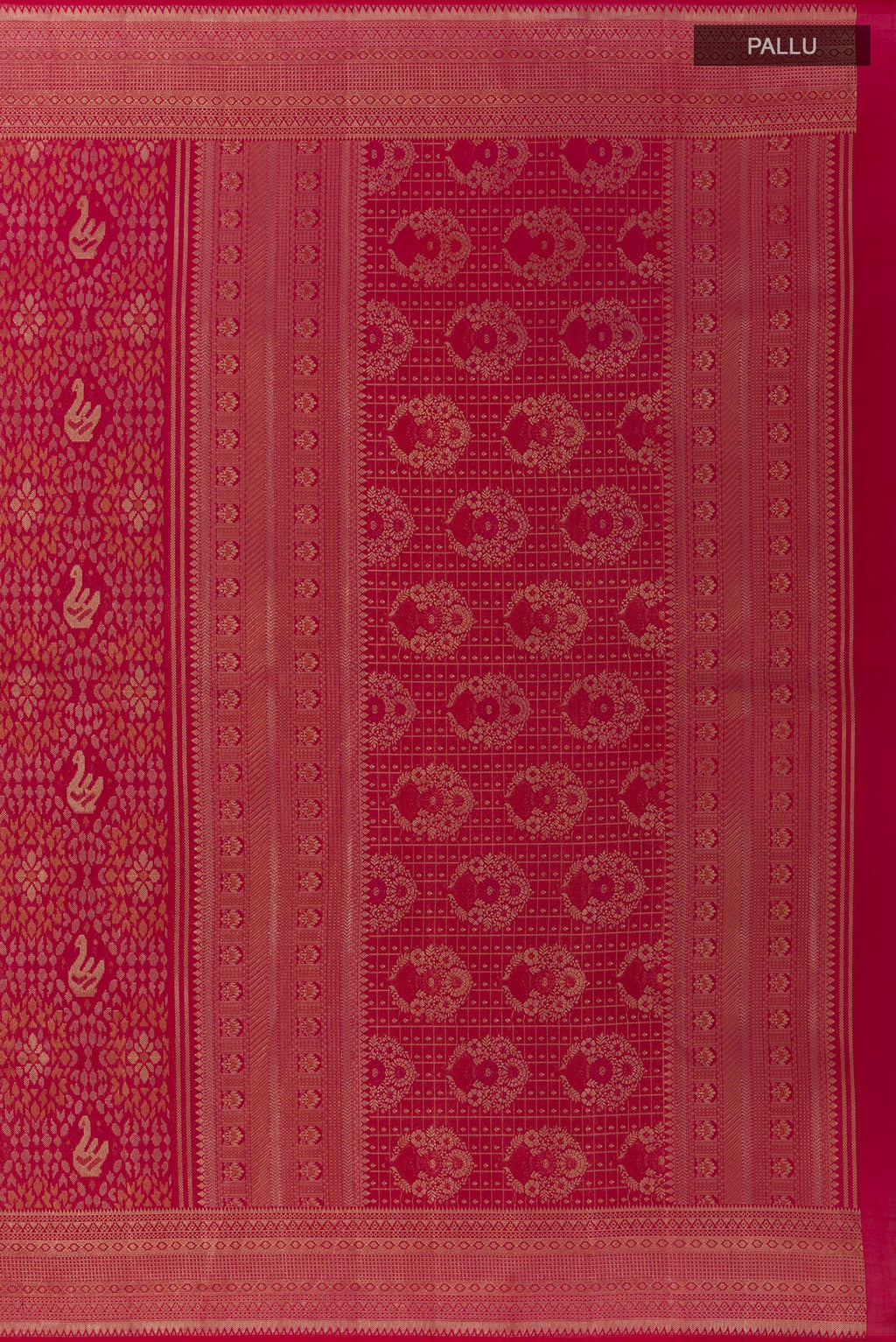 Close up image of the pallu of Dark Pink Kanchipuram Silk Saree with Zari Brocade on the body and Zari Border. 