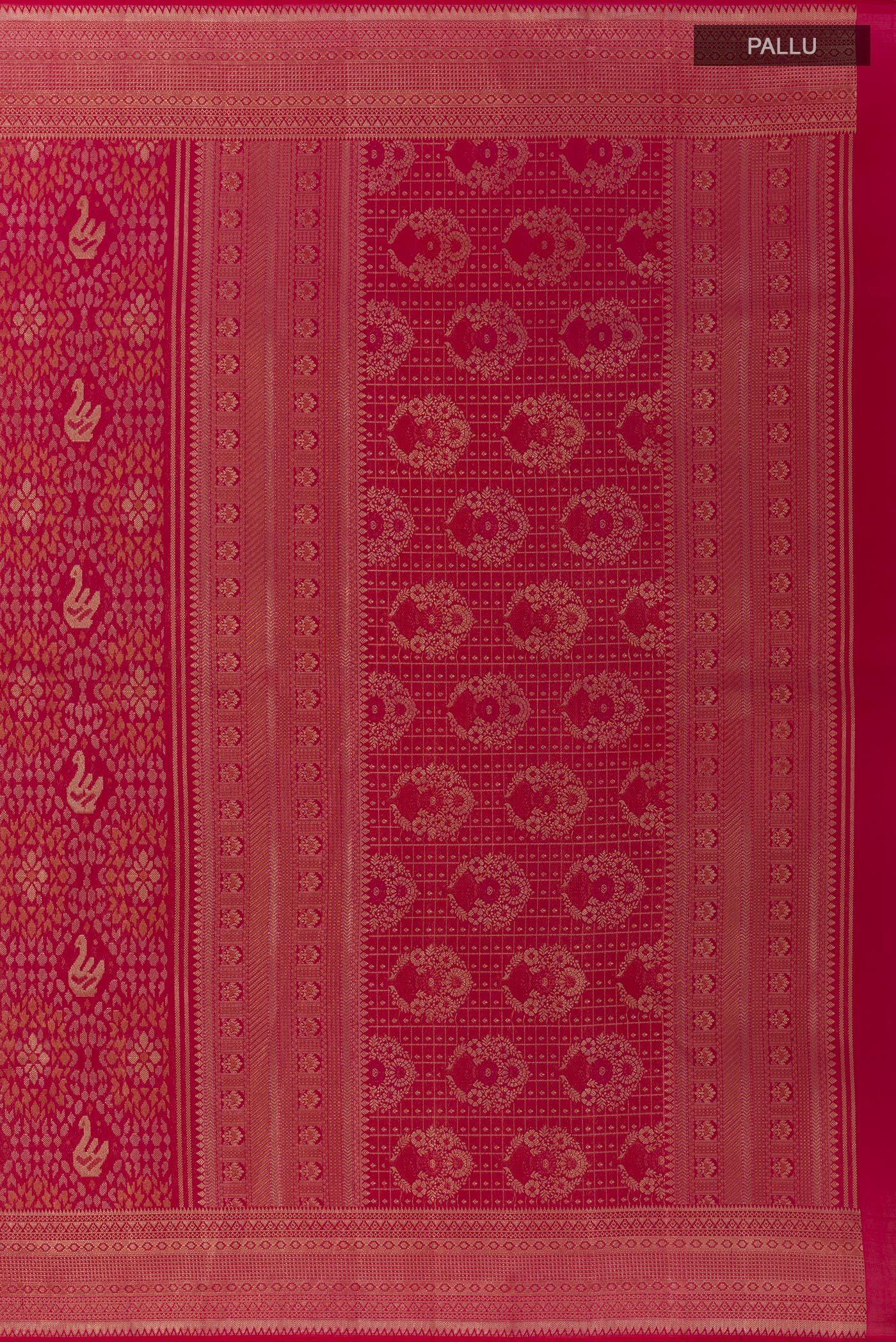 Close up image of the pallu of Dark Pink Kanchipuram Silk Saree with Zari Brocade on the body and Zari Border. 