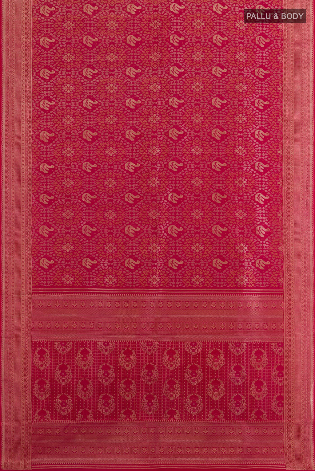 Flat view of Dark Pink Kanchipuram Silk Saree with Zari Brocade on the body and Zari Border. 