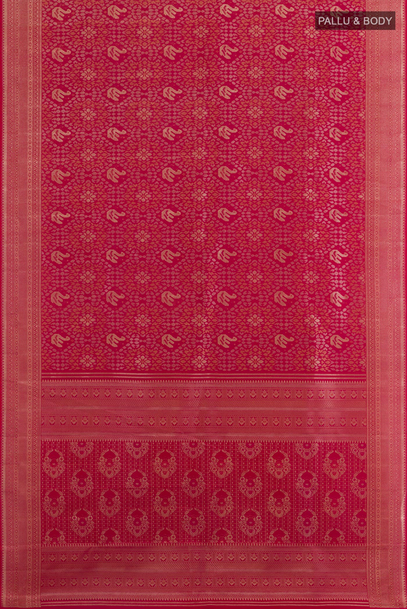 Flat view of Dark Pink Kanchipuram Silk Saree with Zari Brocade on the body and Zari Border. 