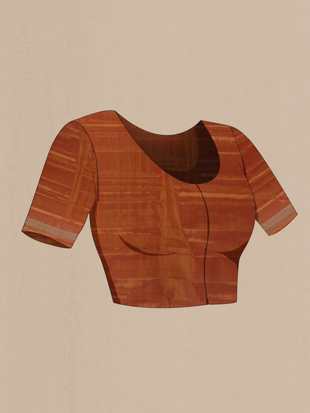 Close up image of the blouse of Rust Kanjivaram Tissue Silk Saree with Zari Brocade on the body and Zari Border. 