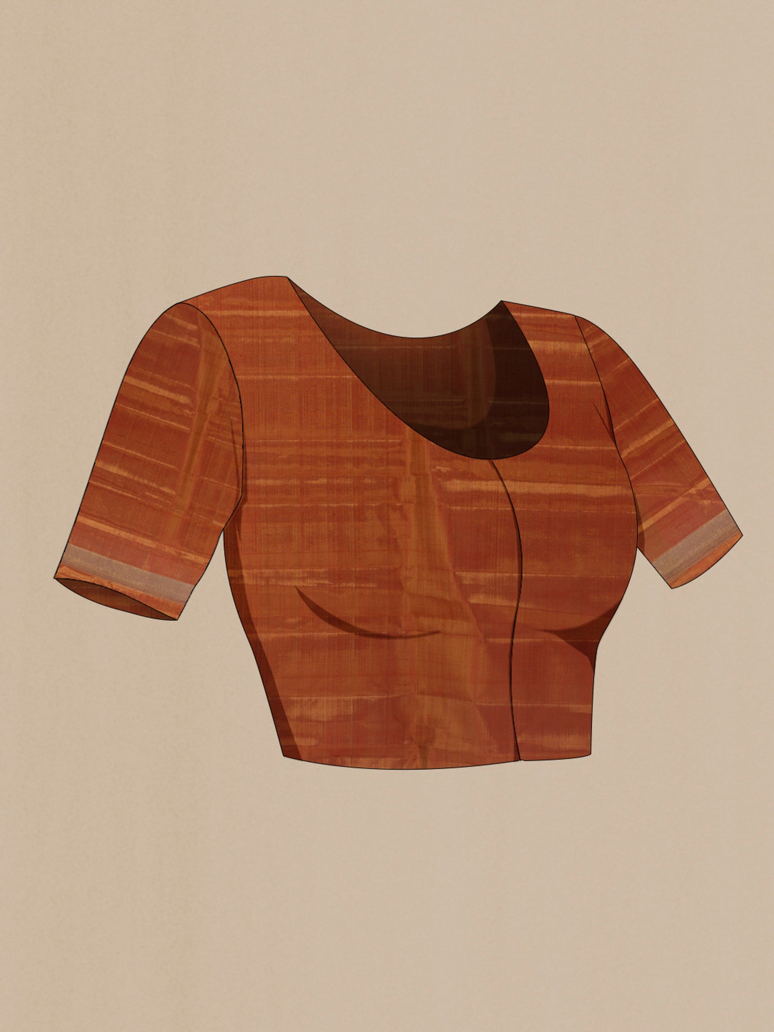 Close up image of the blouse of Rust Kanjivaram Tissue Silk Saree with Zari Brocade on the body and Zari Border. 